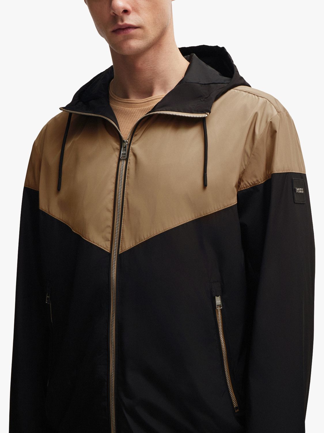 BOSS Cireno Colour Block Hooded Jacket, Medium Beige/Black, 38R