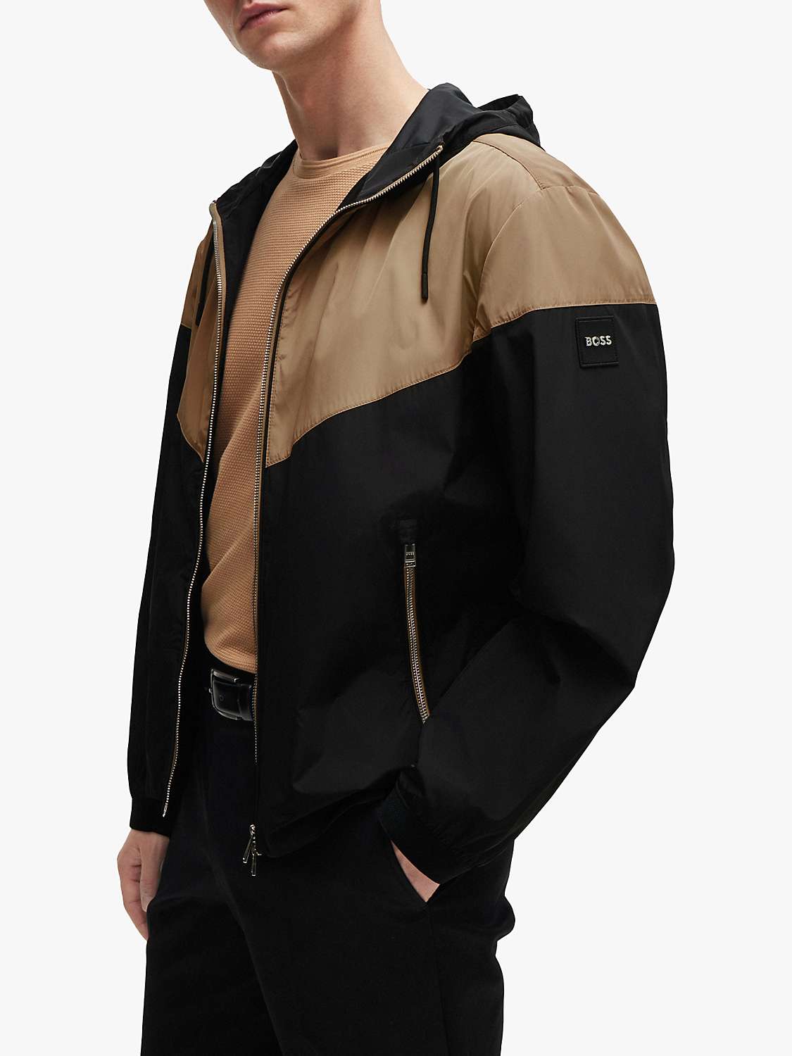 Buy BOSS Cireno Colour Block Hooded Jacket, Medium Beige/Black Online at johnlewis.com