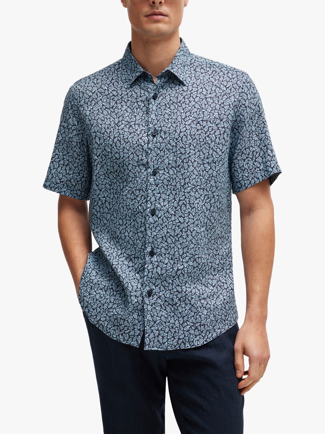 Buy BOSS Liam Leaf Print Linen Blend Shirt, Blue Online at johnlewis.com