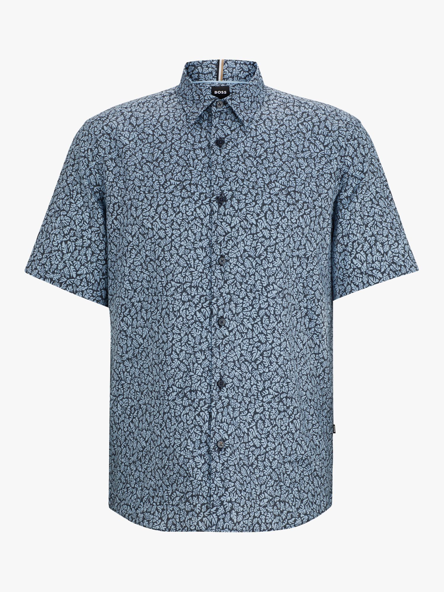 BOSS Liam Leaf Print Linen Blend Shirt, Blue, L