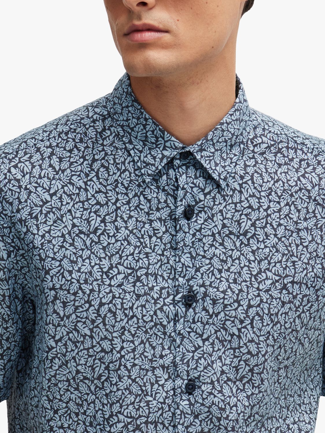 BOSS Liam Leaf Print Linen Blend Shirt, Blue, L