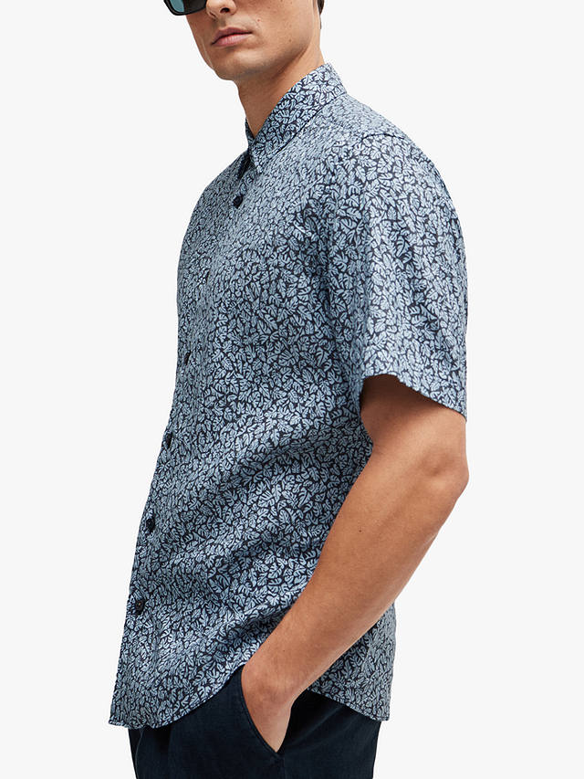 BOSS Liam Leaf Print Linen Blend Shirt, Blue