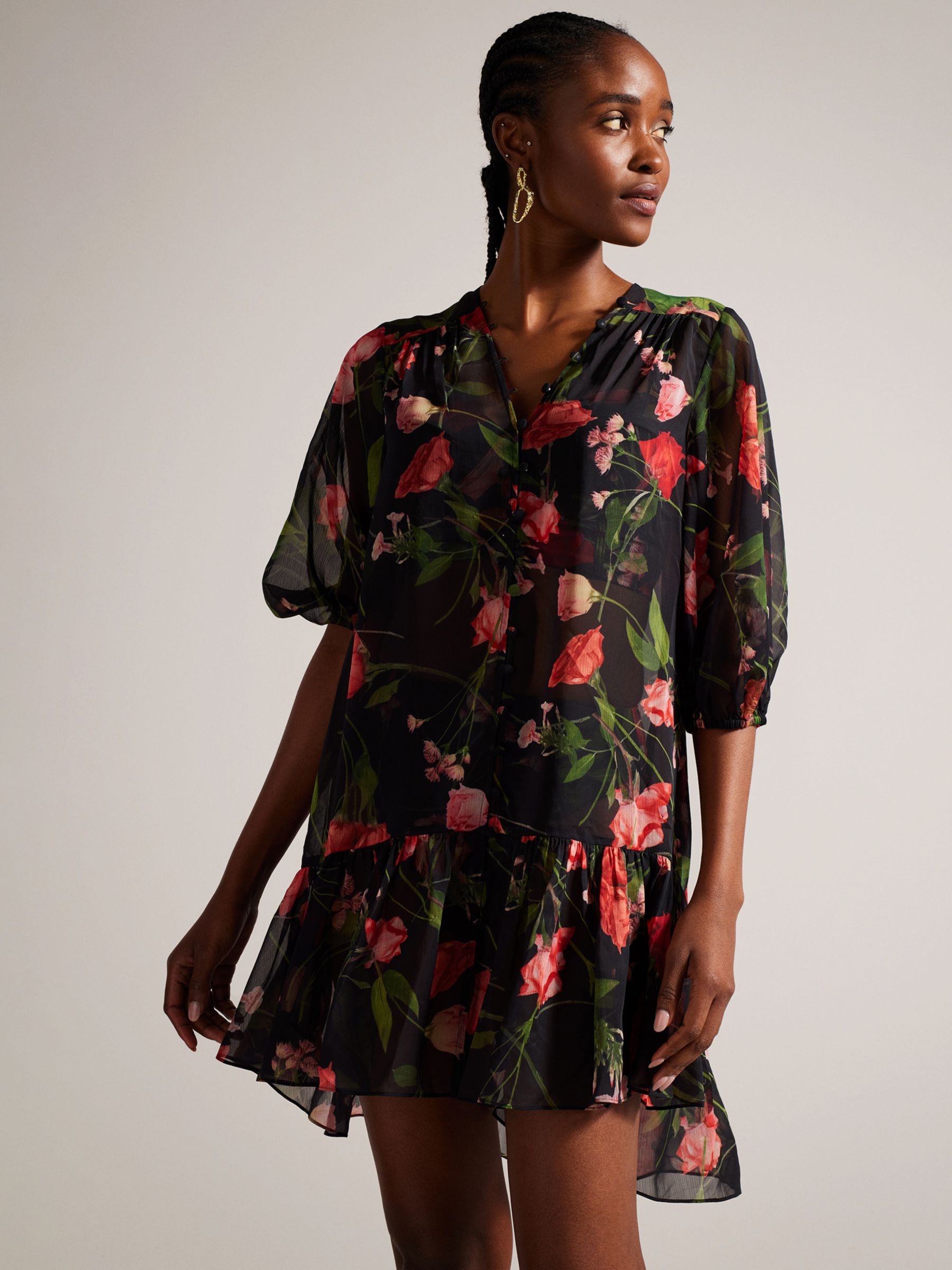Ted Baker Emileee Floral Mini Cover Up Dress, Black/Multi, XL