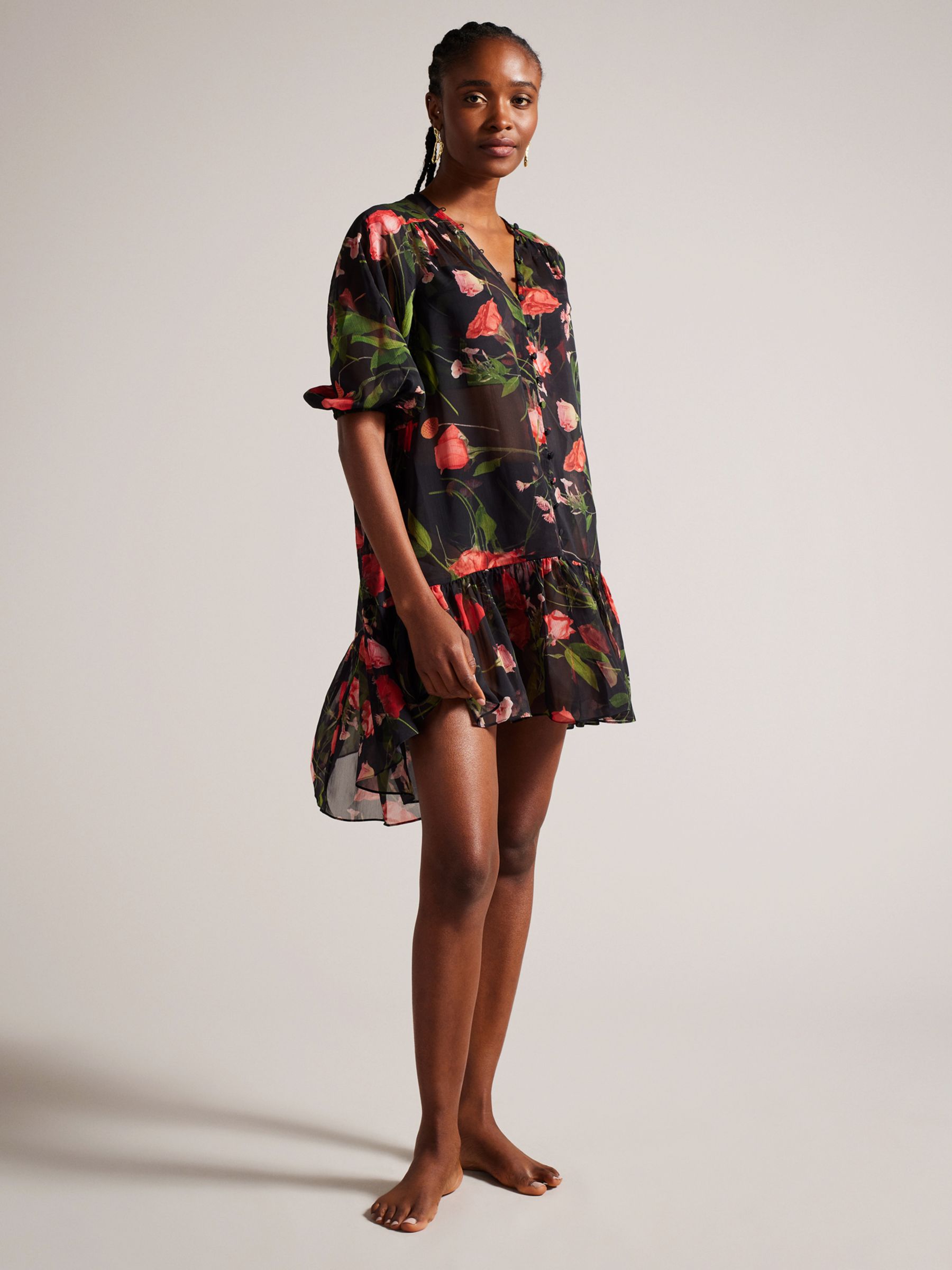 Ted Baker Emileee Floral Mini Cover Up Dress, Black/Multi, S