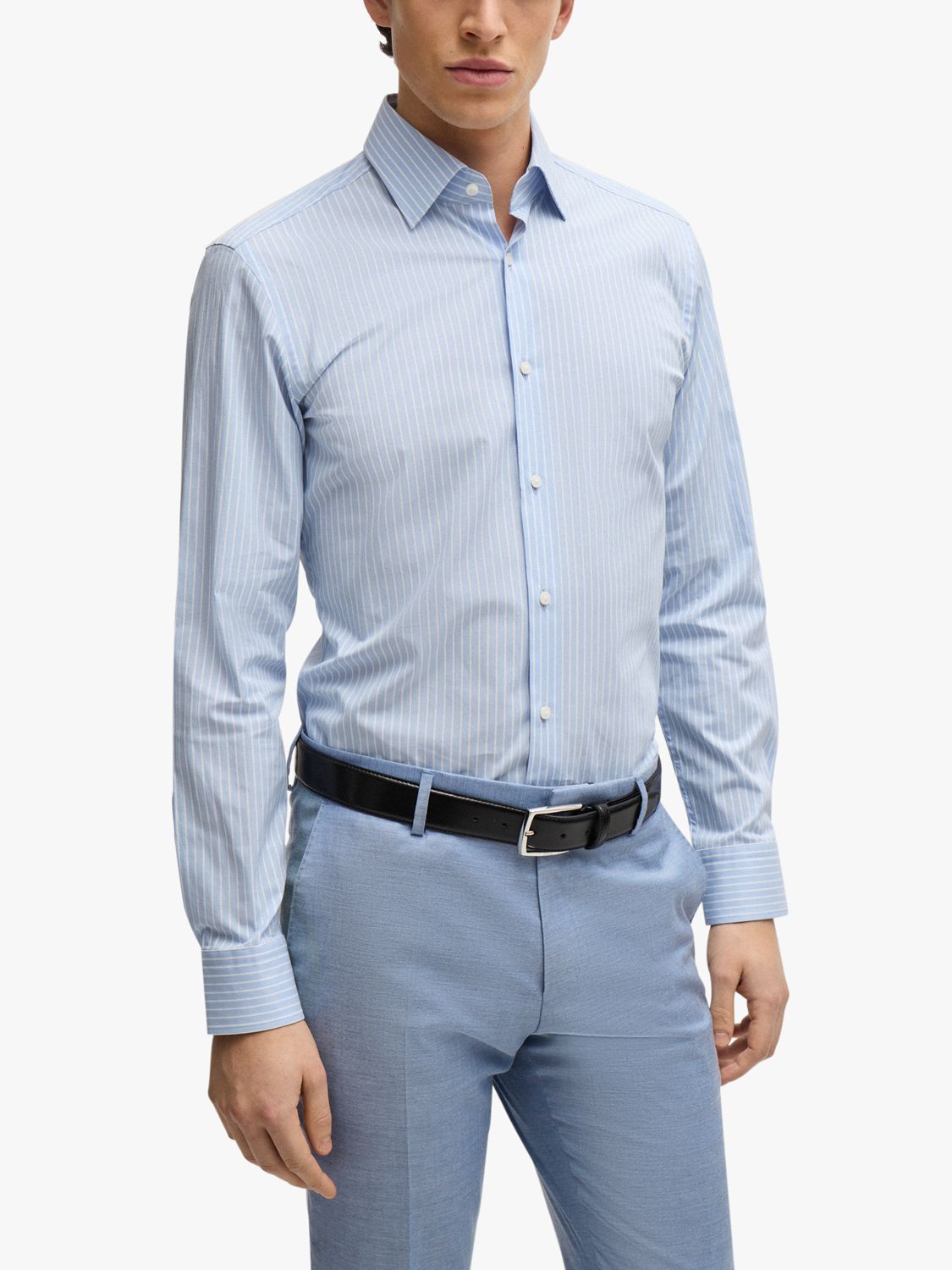 BOSS Hank Slim Fit Pinstripe Shirt, Pastel Blue/White, 15