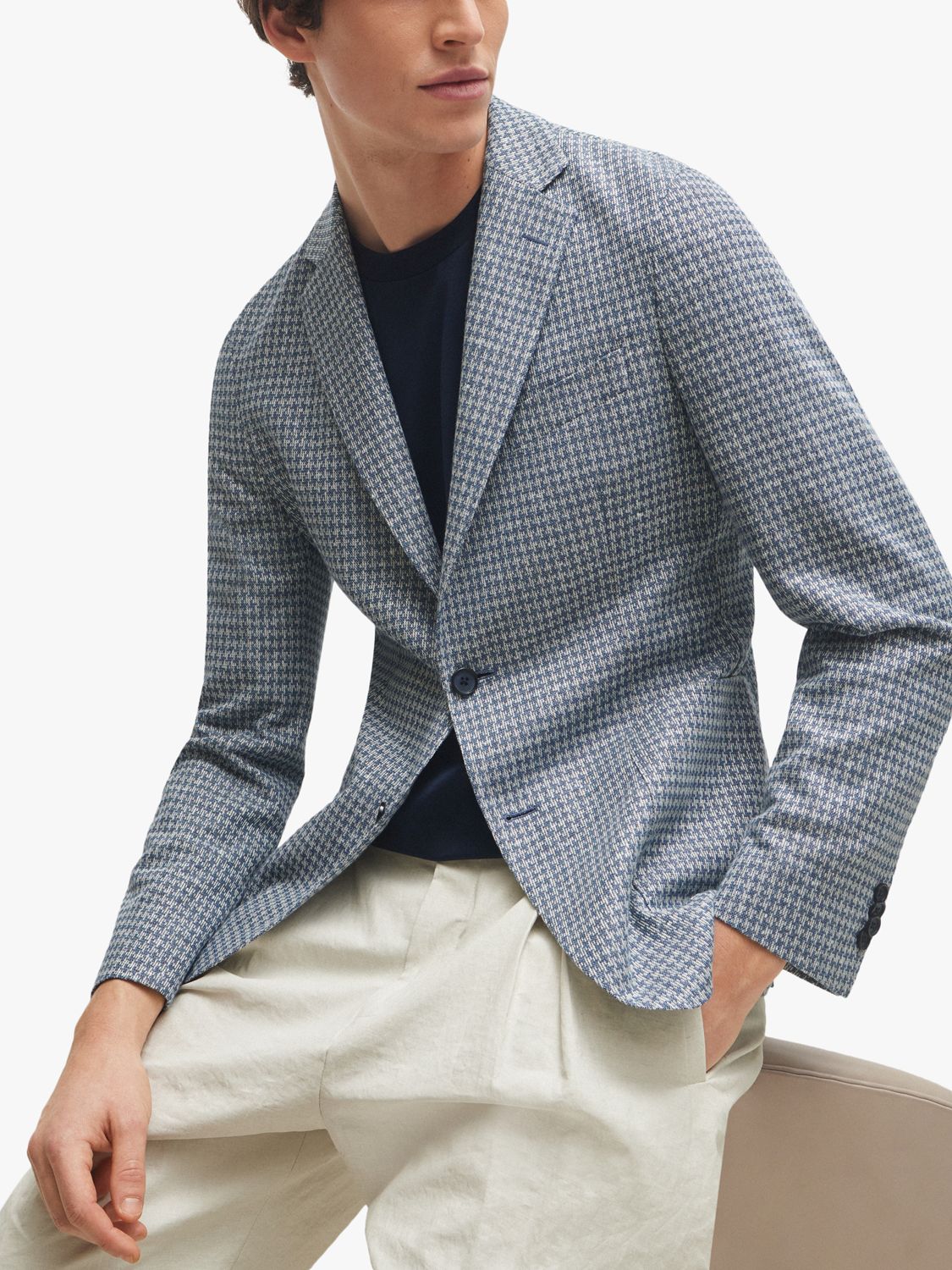 BOSS C-Hanry Linen Blend Slim Fit Check Blazer, Bright Blue, 36R