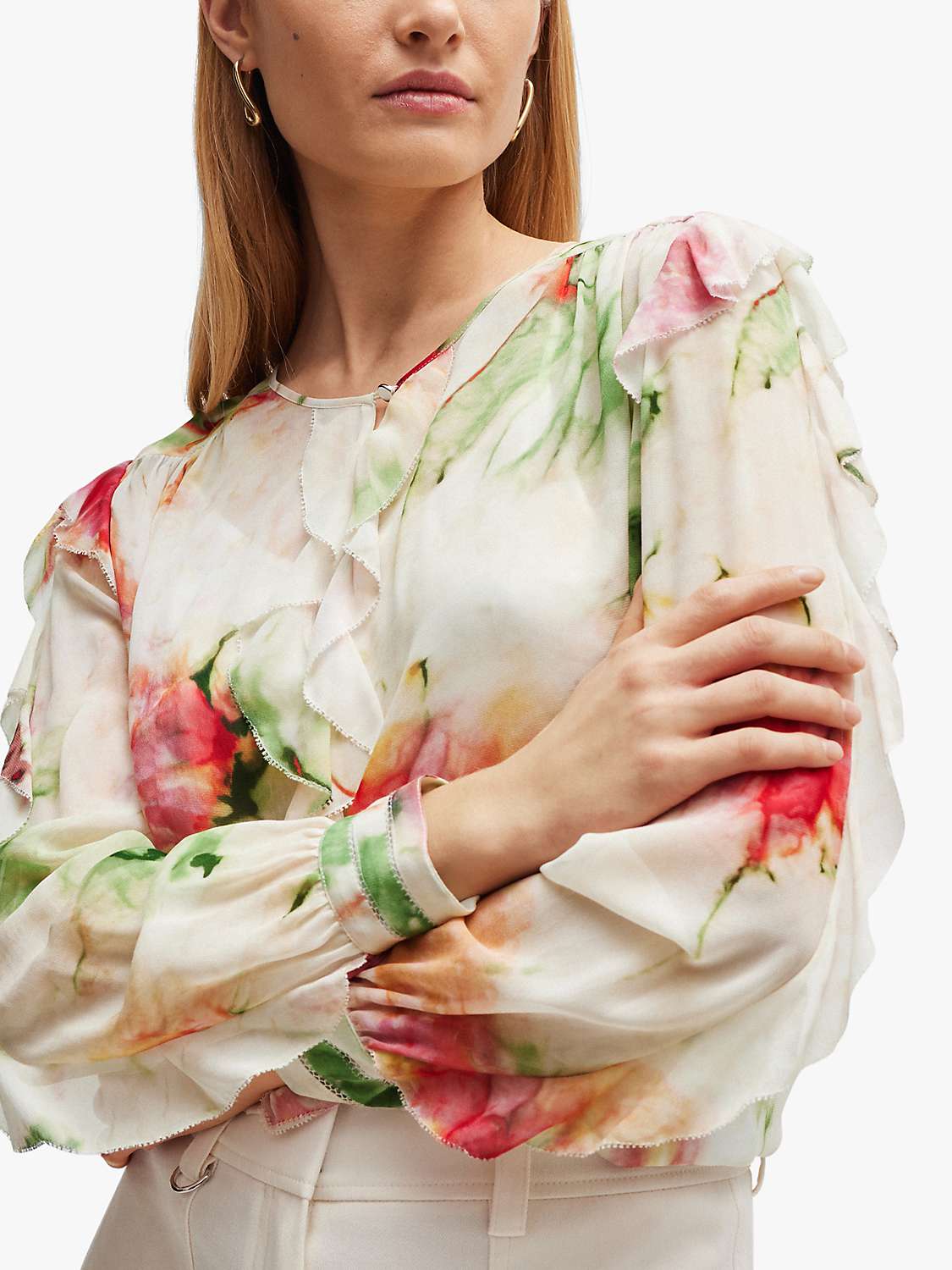 Buy BOSS Bacrina Abstract Print Frill Sleeve Blouse, Multi Online at johnlewis.com