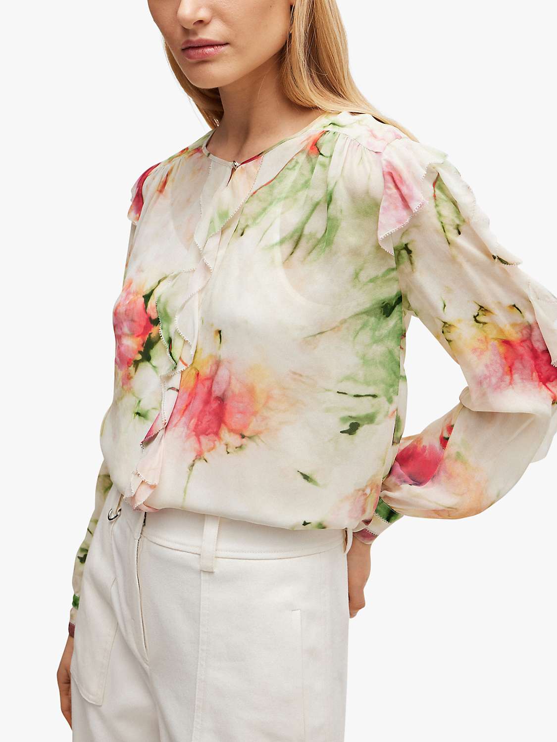 Buy BOSS Bacrina Abstract Print Frill Sleeve Blouse, Multi Online at johnlewis.com