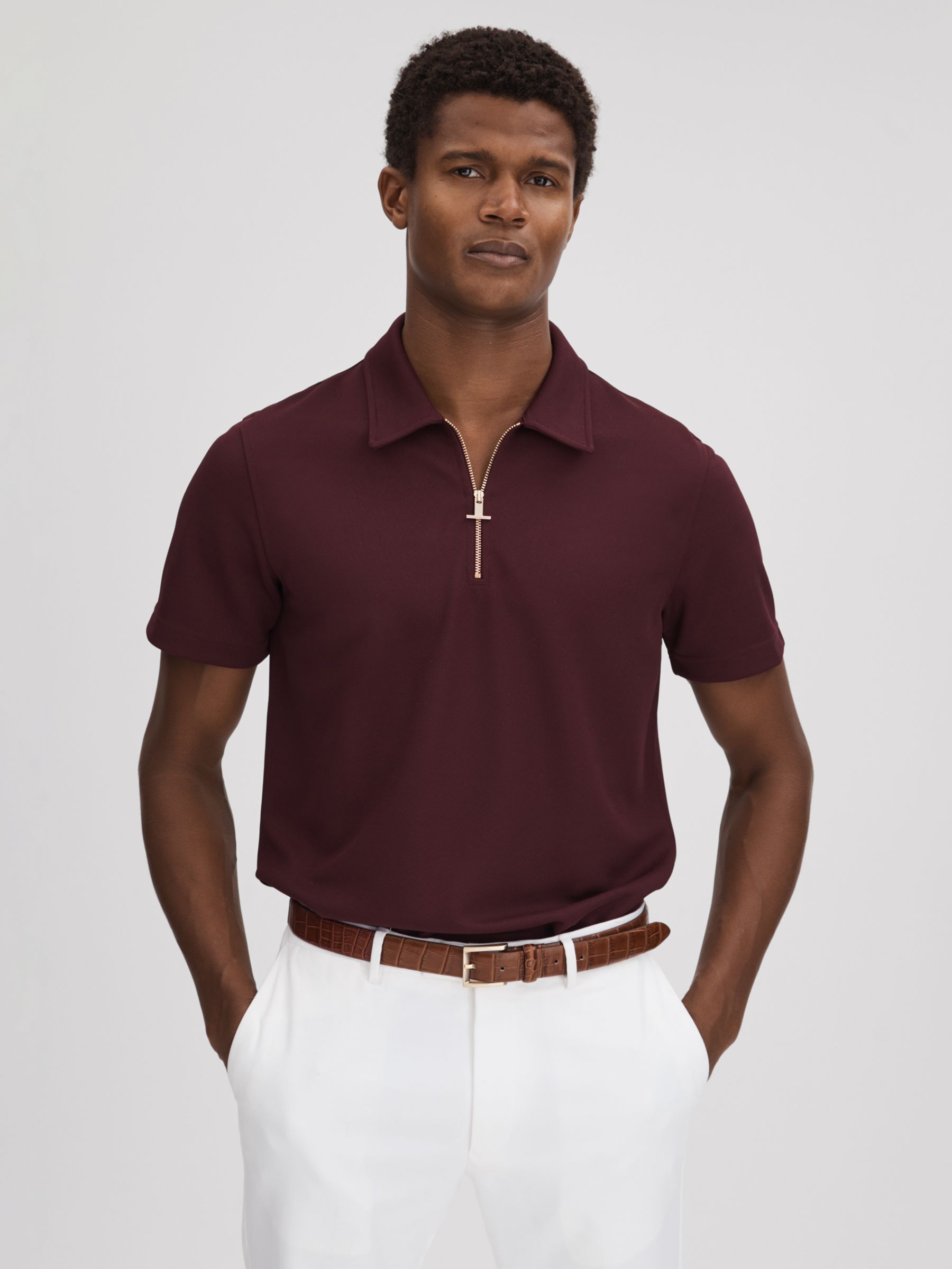 Reiss Floyd Half Zip Textured Polo Shirt, Bordeaux, XS