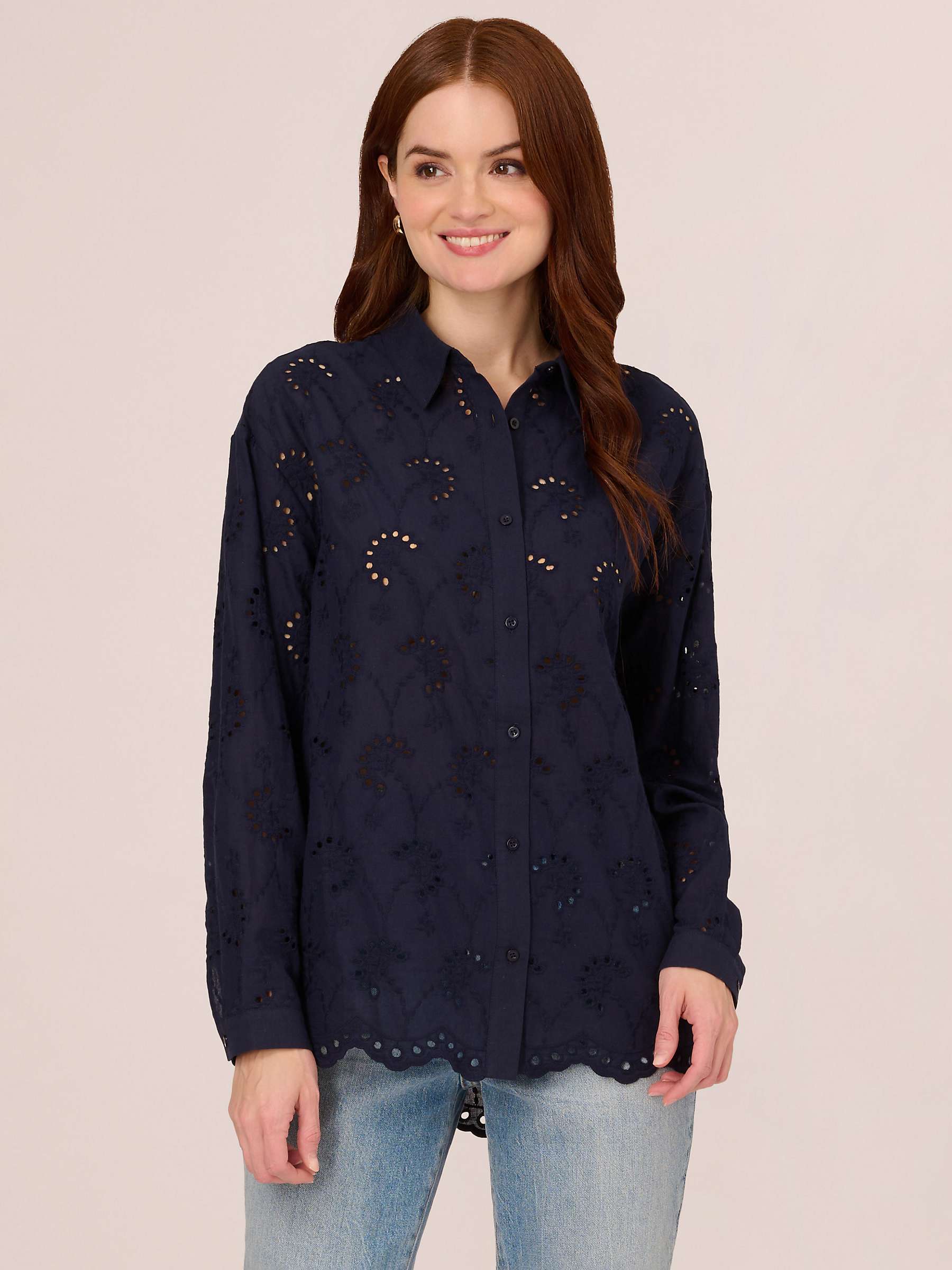 Buy Adrianna Papell Eyelet Button Front Tunic Blouse, Navy Online at johnlewis.com