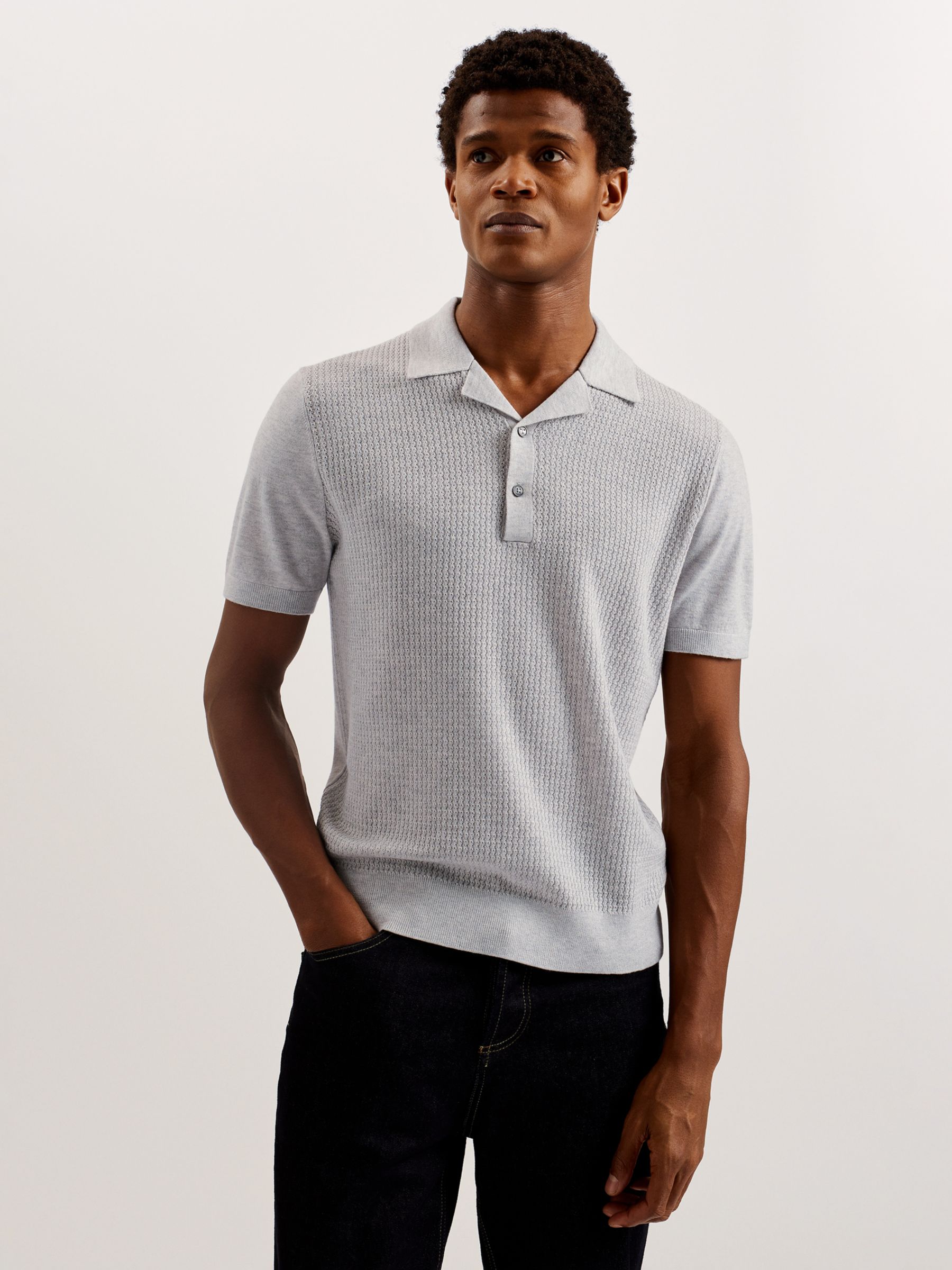 Ted Baker Adio Textured Front Polo Shirt, Light Grey, XS