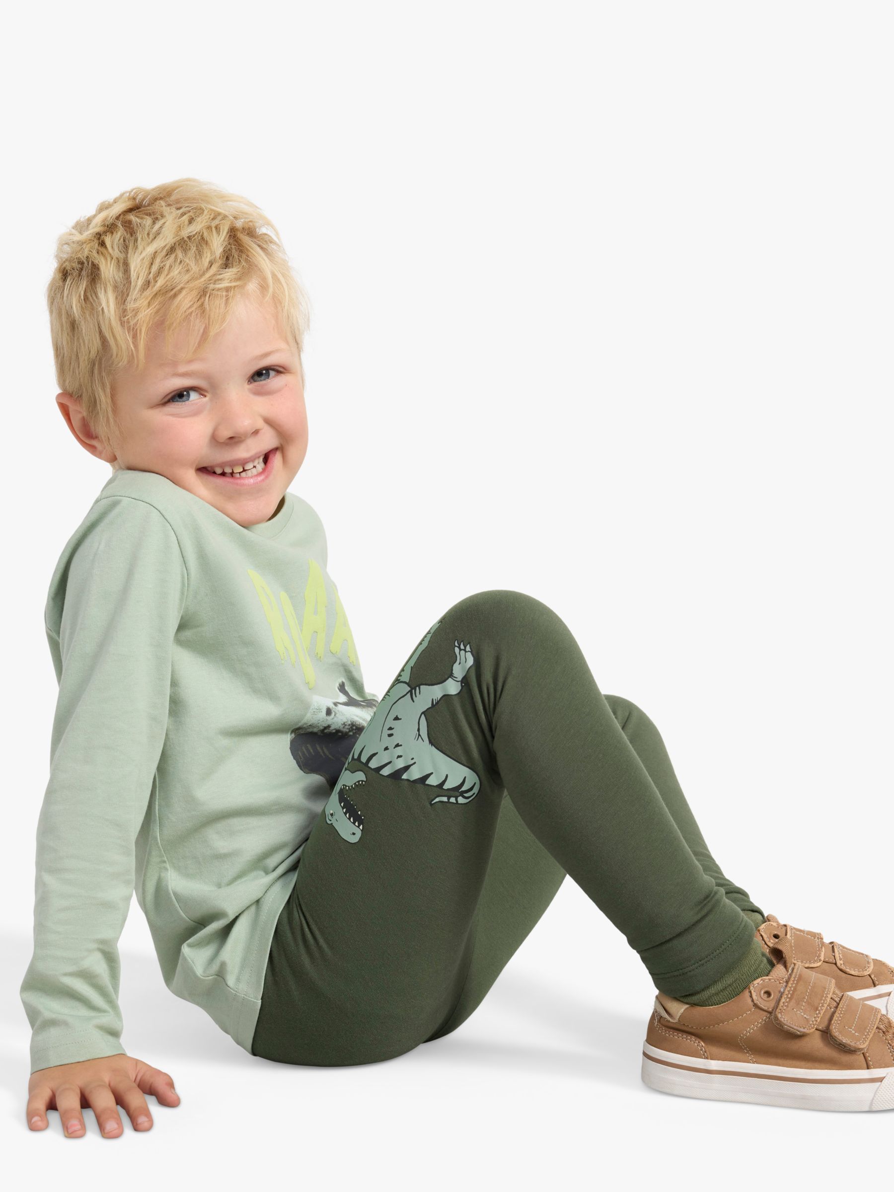 Lindex Kids' Dinosour Organic Cotton Blend Print Leggings, Dark Dusty Khaki, 18-24 months