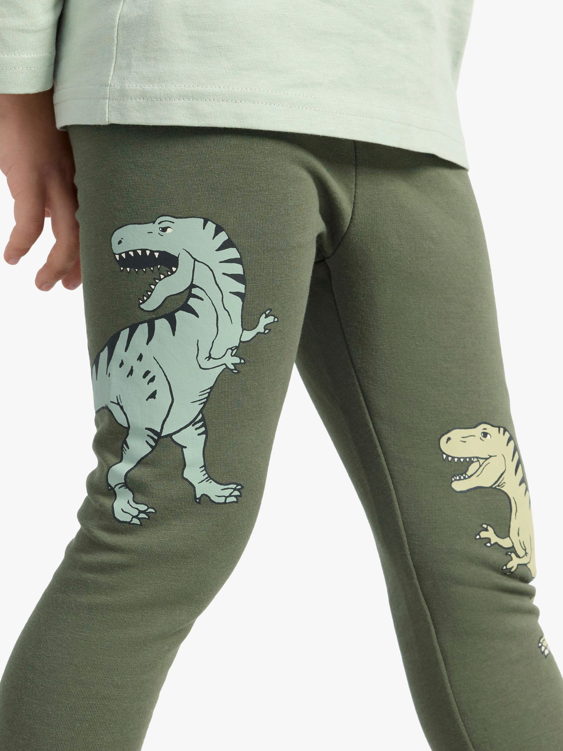 Lindex Kids' Dinosour Organic Cotton Blend Print Leggings, Dark Dusty Khaki, 18-24 months