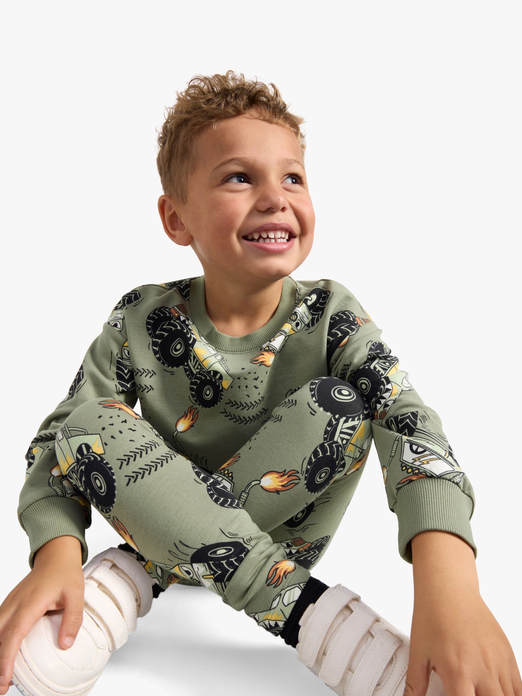 Lindex Kids' Organic Cotton Blend Monster Truck Sweatshirt, Dusty Green, 18-24 months