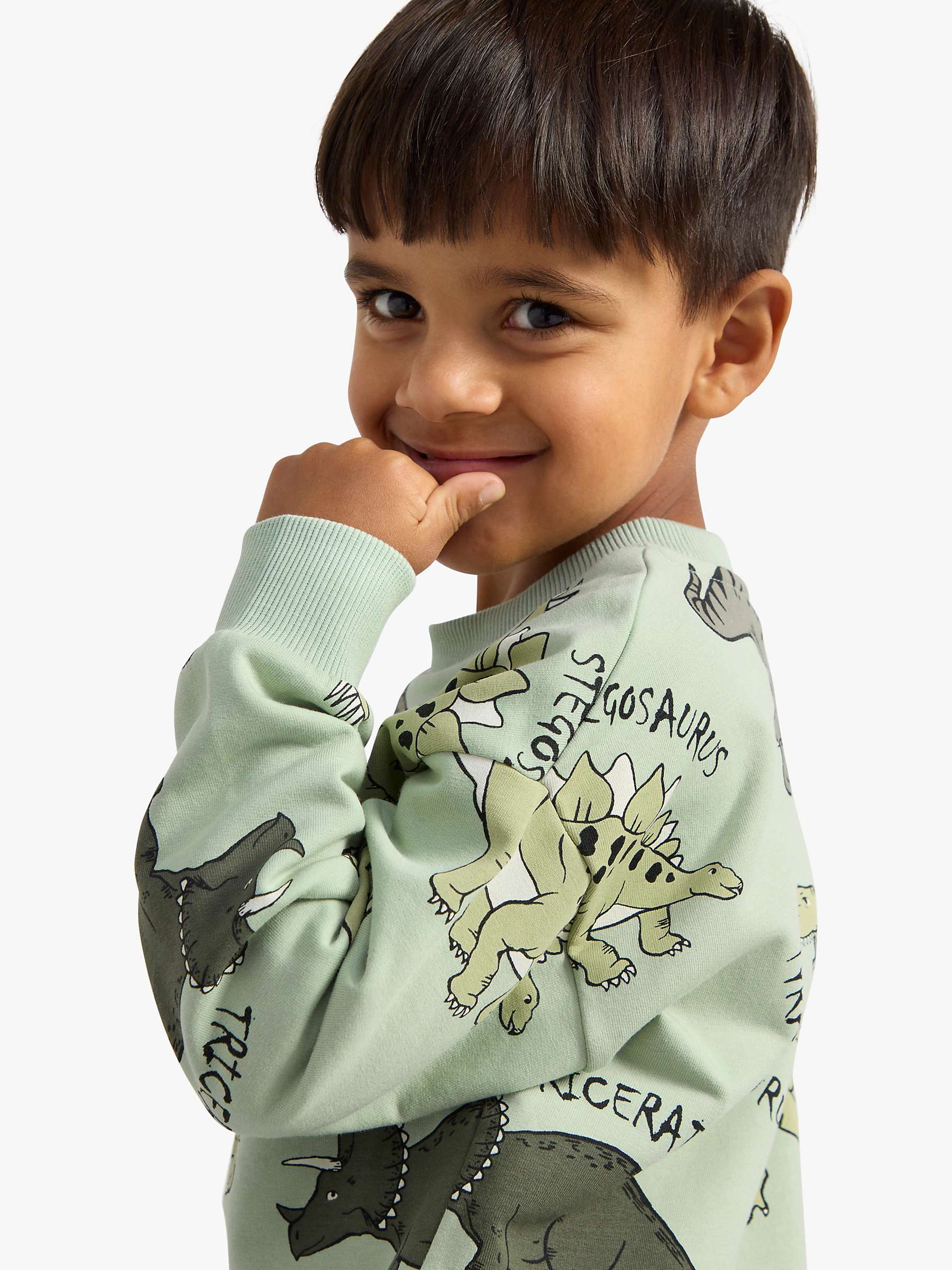 Buy Lindex Kids' Organic Cotton Blend Dinosaur Jumper, Light Dusty Green Online at johnlewis.com
