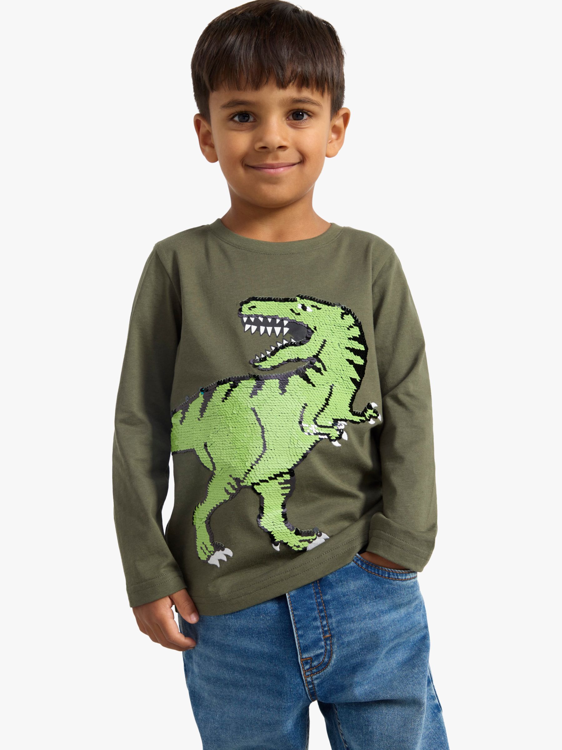 Lindex Kids' Dinosaur Sequin Top, Dark Dusty Khaki at John Lewis & Partners