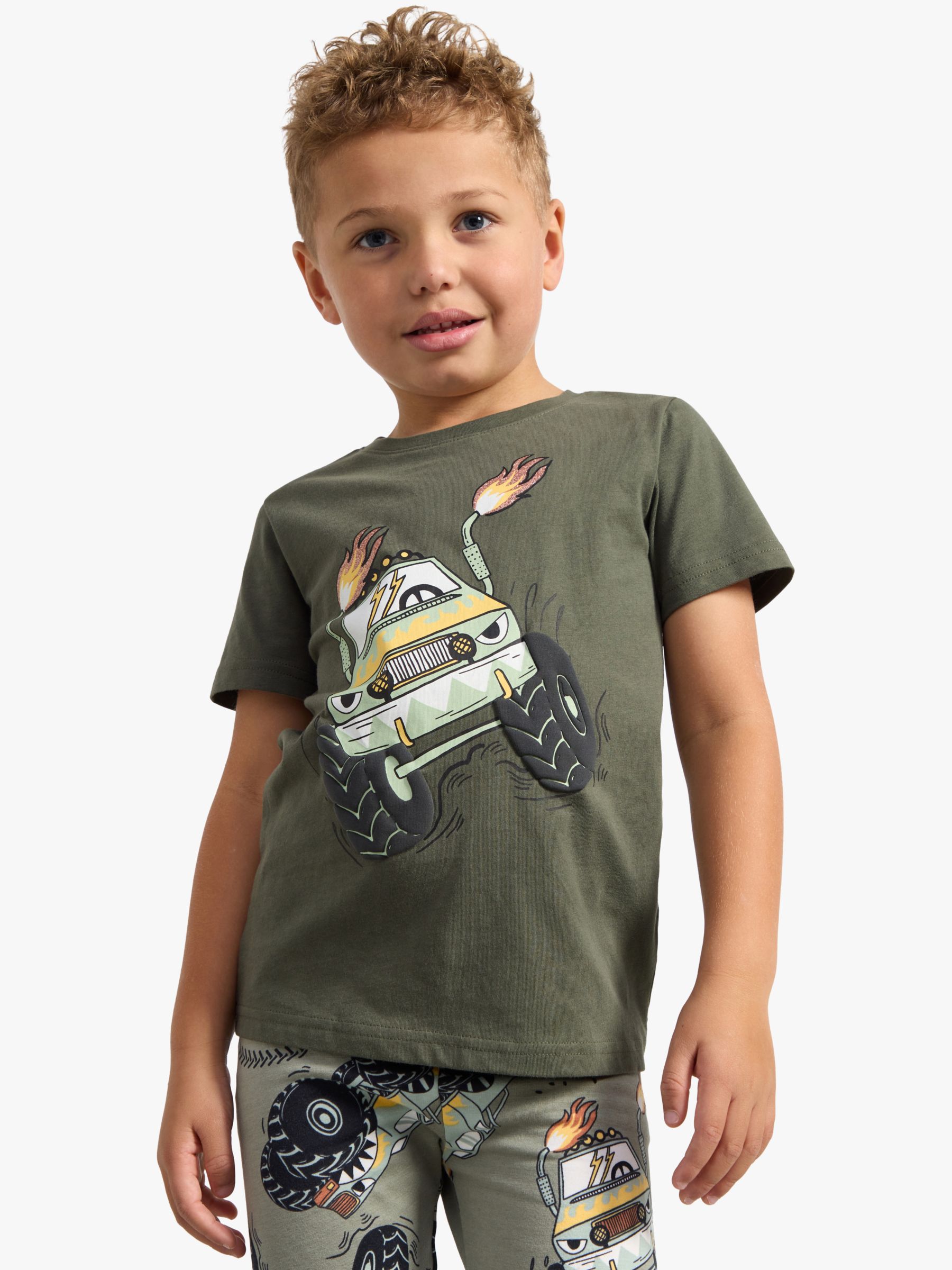 Lindex Kids' Monster Truck Short Sleeve Top, Dark Dusty Khaki, 18-24 months