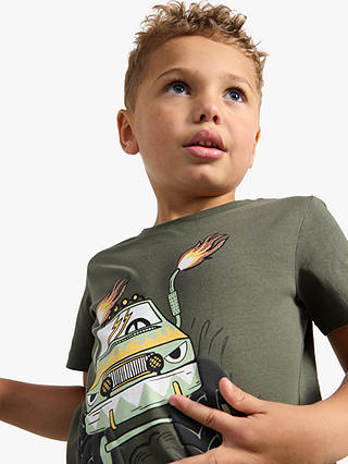 Lindex Kids' Monster Truck Short Sleeve Top, Dark Dusty Khaki