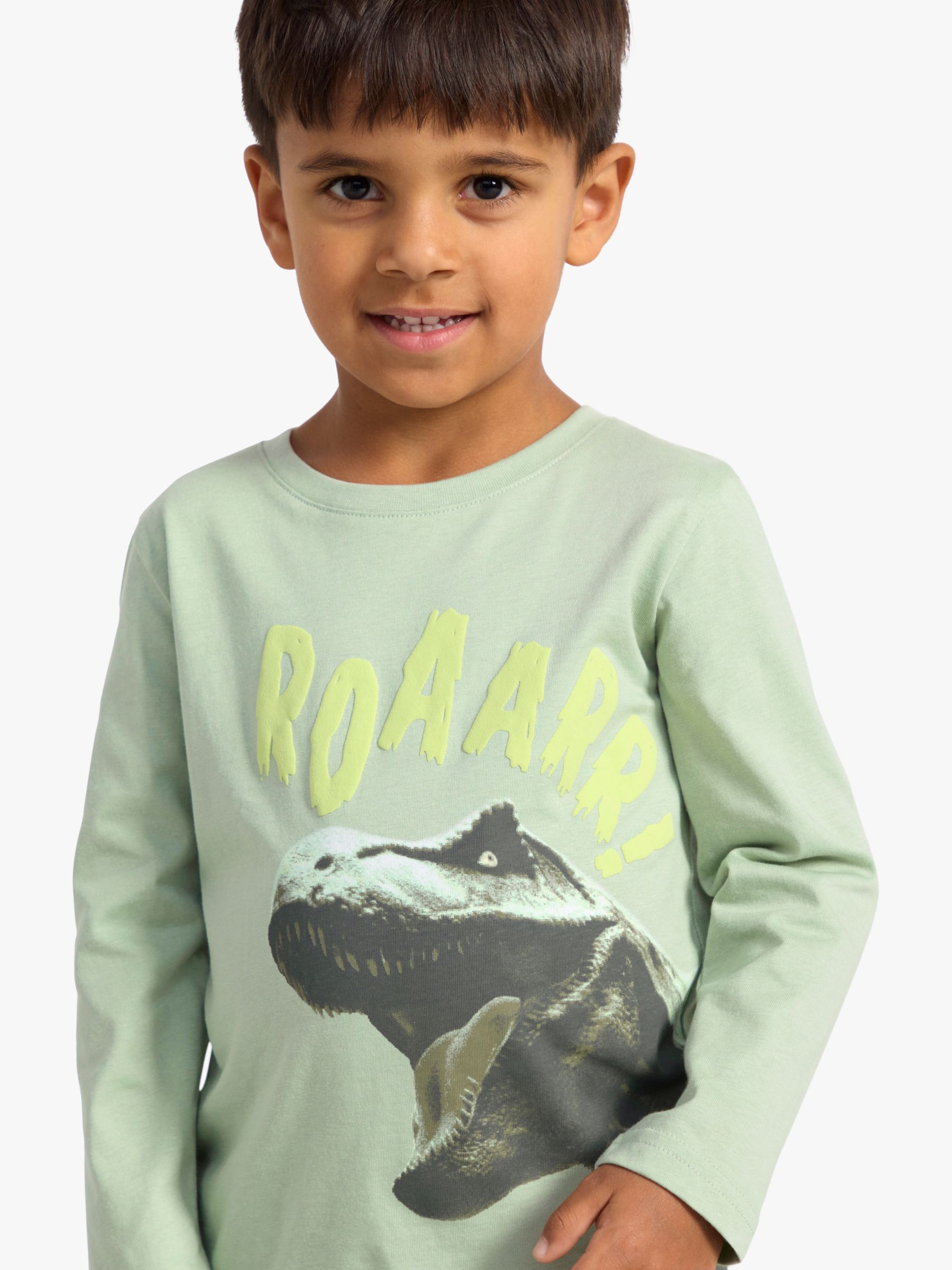 Lindex Kids' Dinosaur Long Sleeve Top, Light Dusty Green