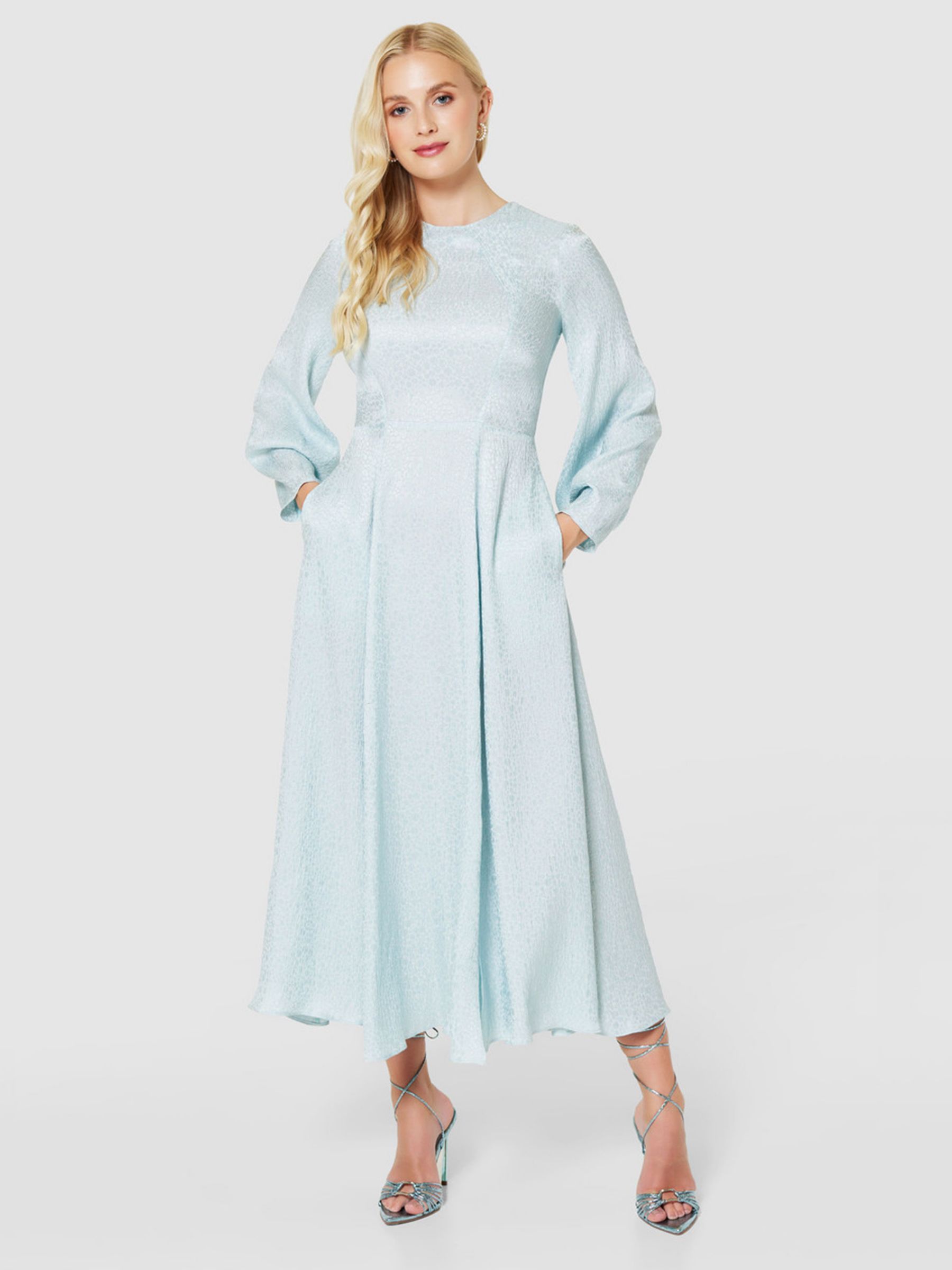 Closet London A-Line Jacquard Long Sleeve Midi Dress, Light Blue, 10