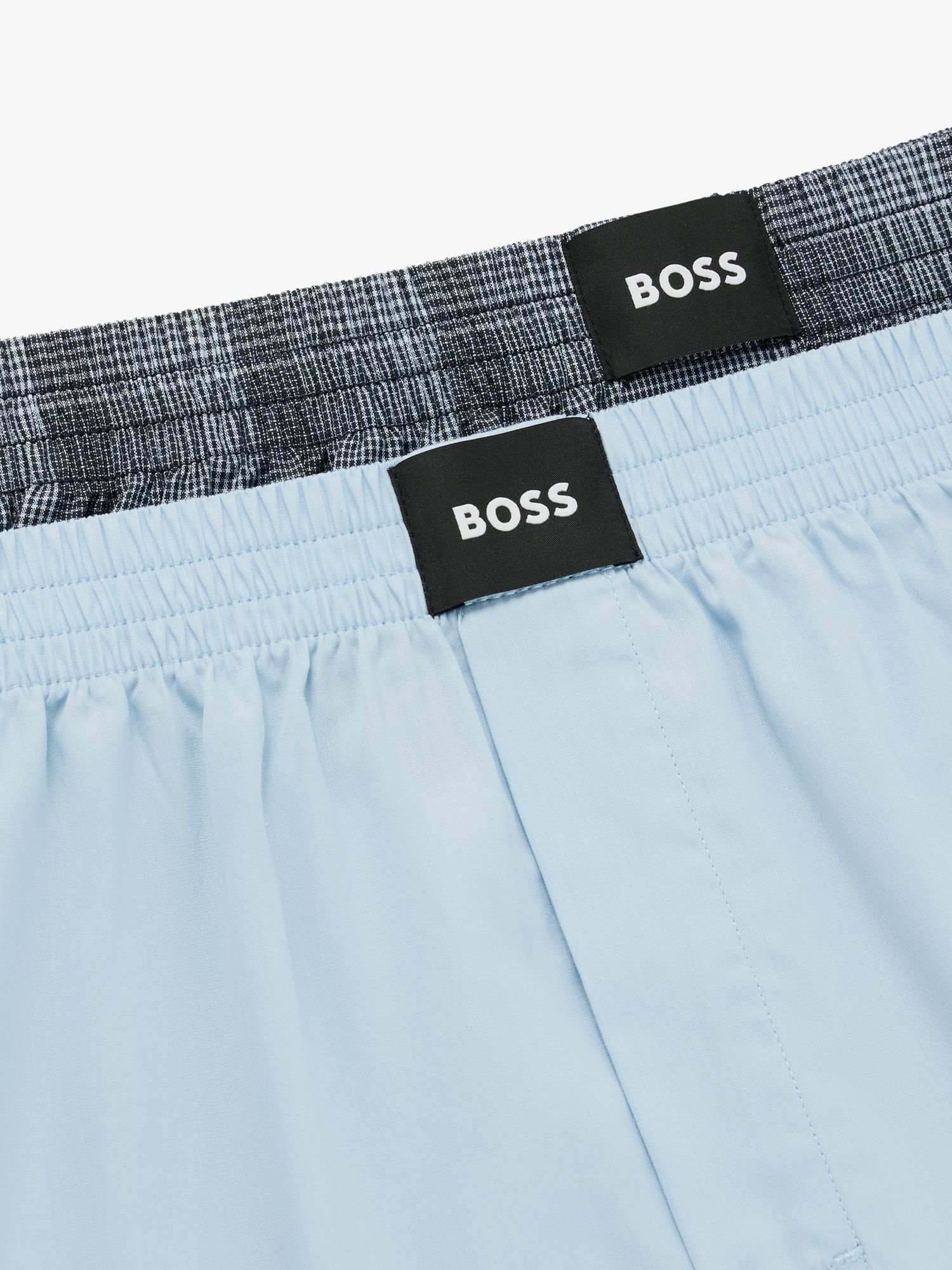 BOSS Plain and Check Cotton Boxer Shorts, Pack of 2, Dark Blue/Light Blue, XXL