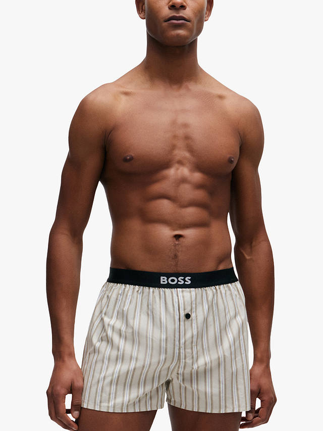 BOSS Stripe and Plain Cotton Boxers, Pack of 2, Dark Beige/Black