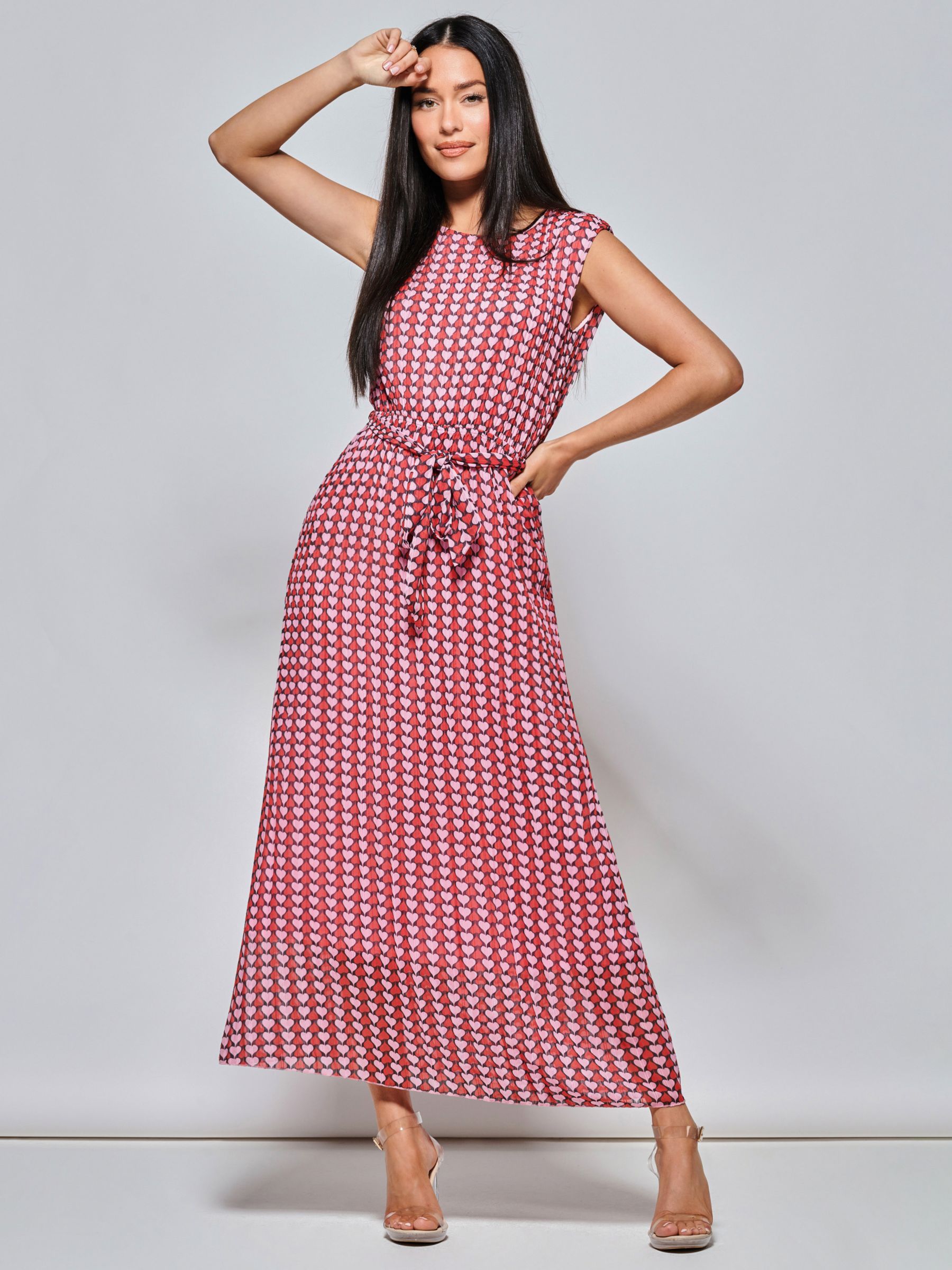 Jolie Moi Heart Print Tie Waist Maxi Dress, Pink/Multi, 8