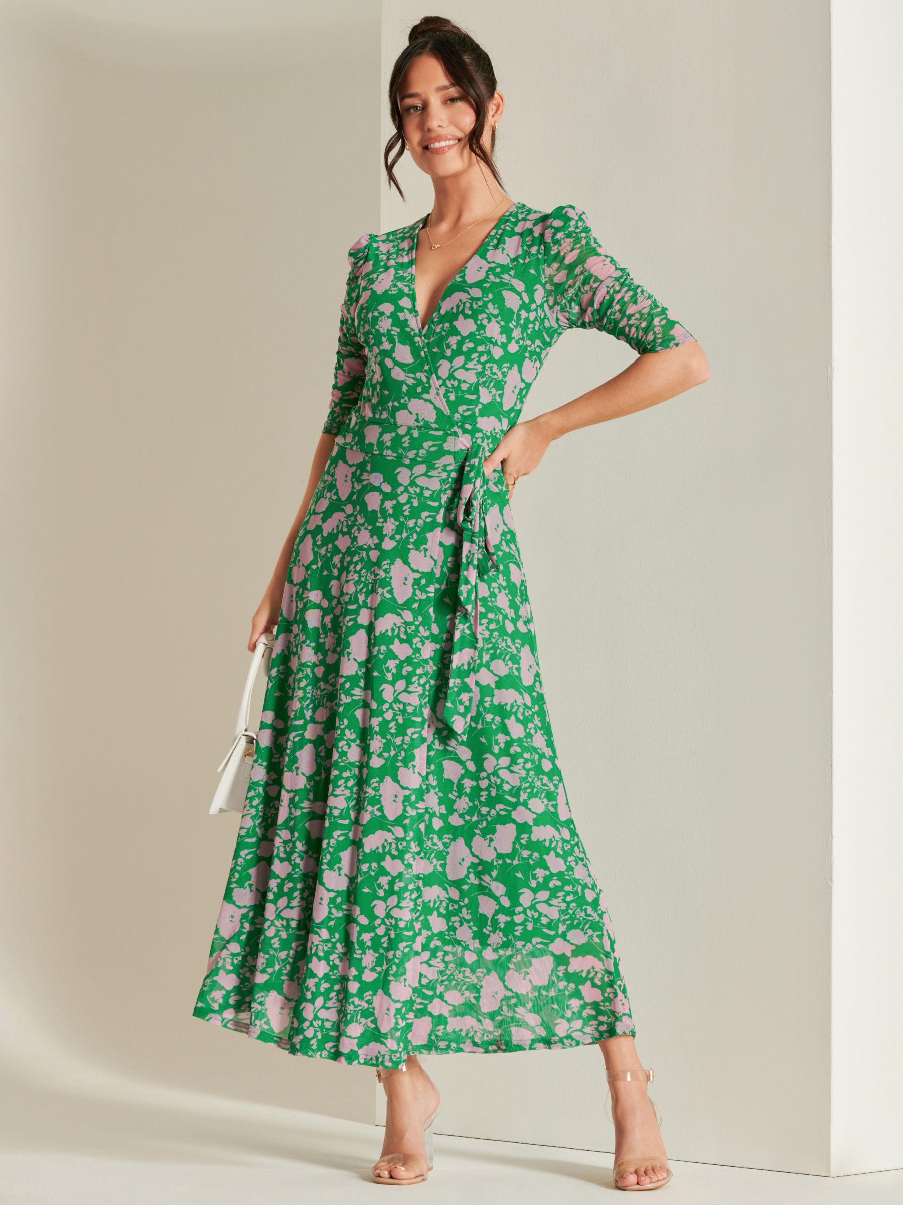 Jolie Moi Wrapped Mesh Maxi Dress, Green Floral at John Lewis & Partners