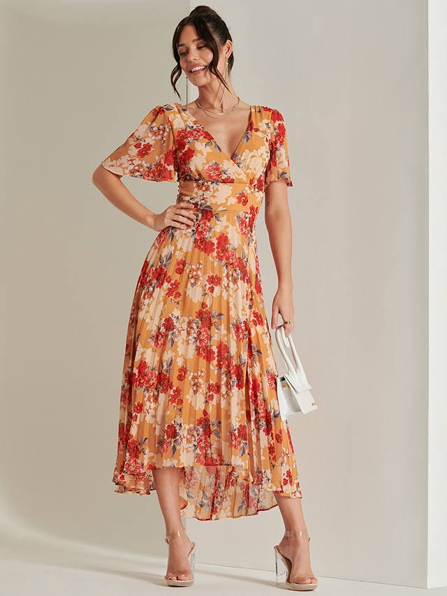 Jolie Moi Pleated Chiffon Maxi Dress, Red Floral