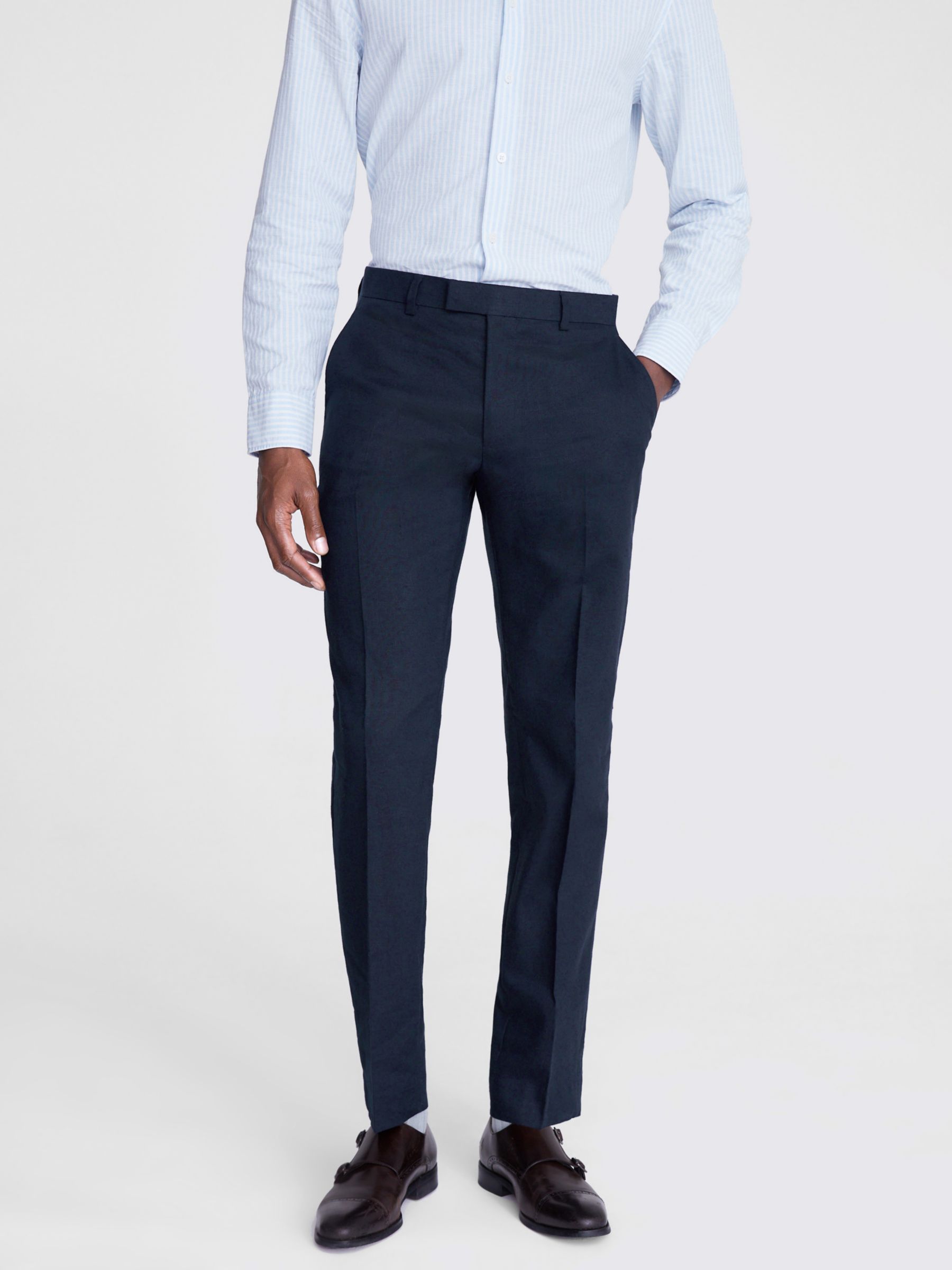 Moss Slim Fit Matte Linen Trousers, Blue, 36S