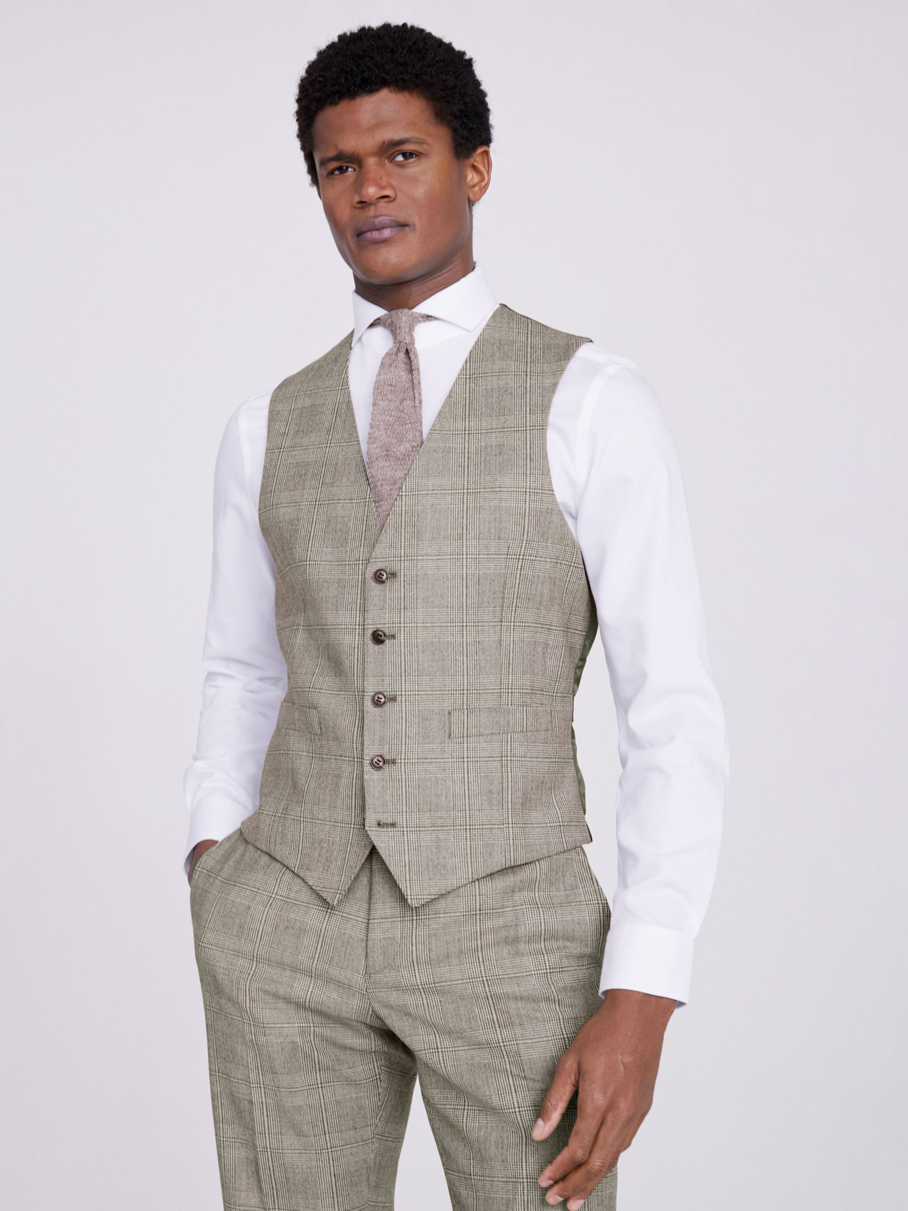 Moss Tailored Fit Check Performance Waistcoat, Beige, 44R