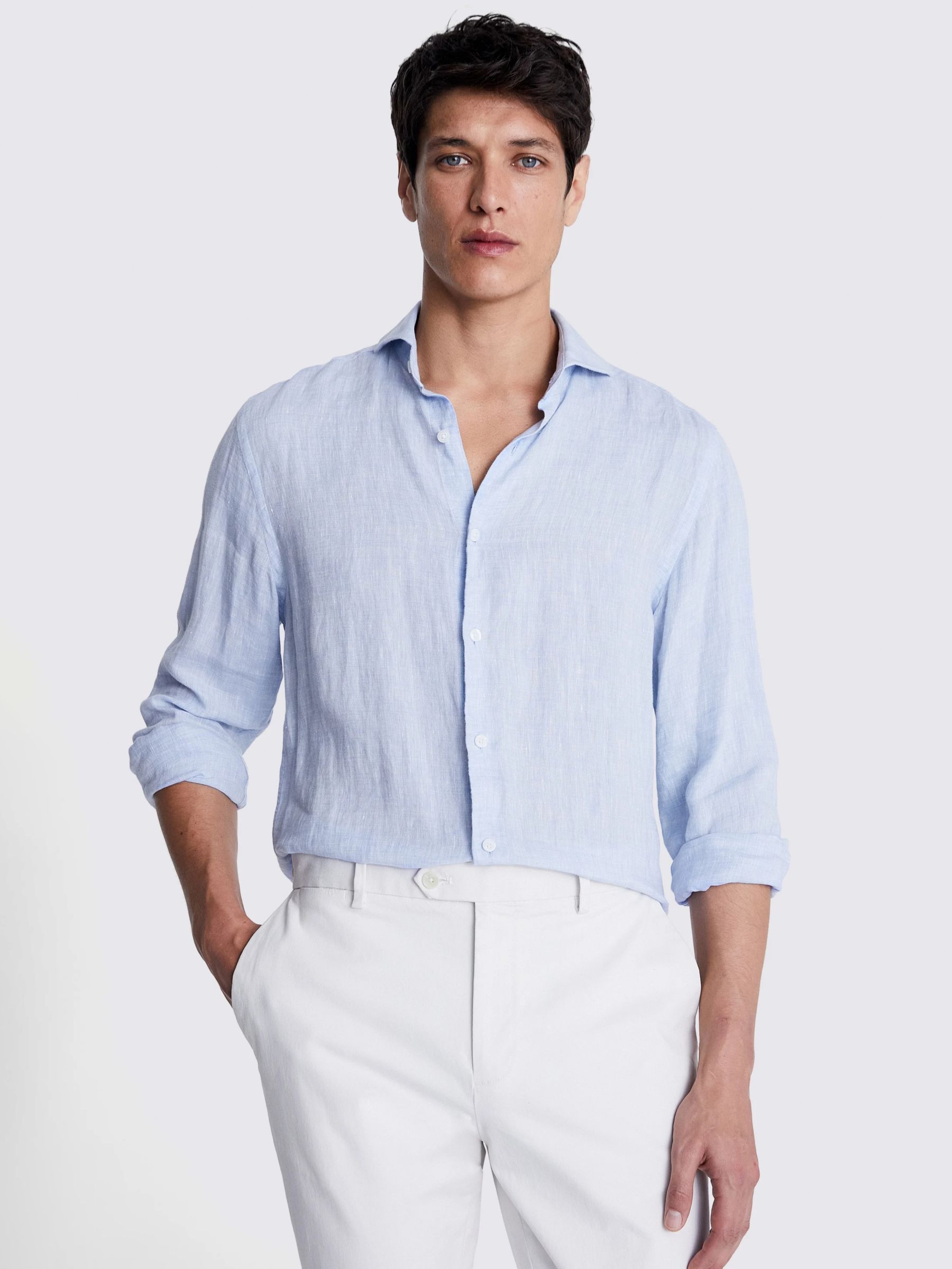 Moss Tailored Fit Linen Long Sleeve Shirt, Blue, S
