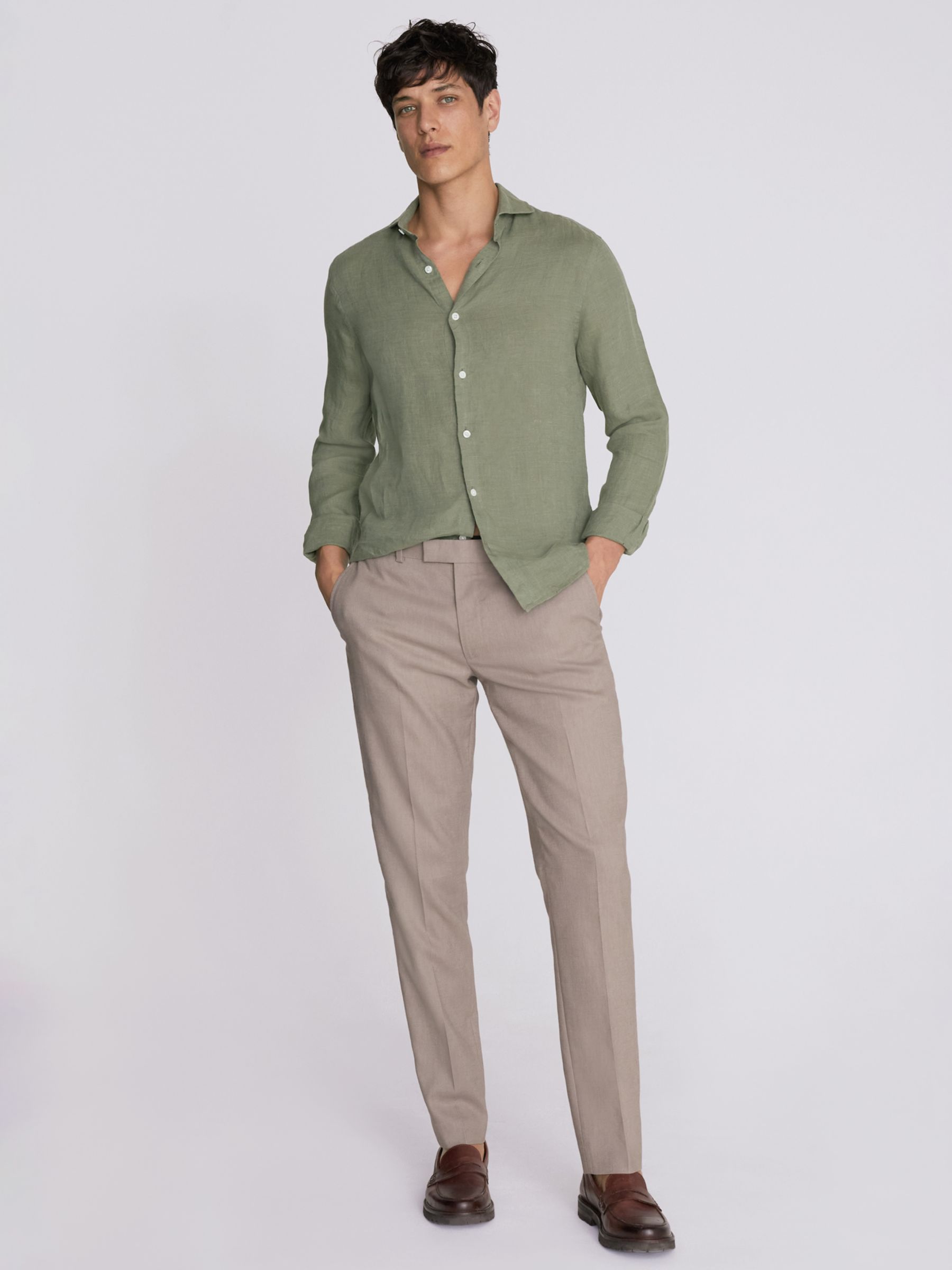 Moss Tailored Fit Linen Long Sleeve Shirt, Green, S