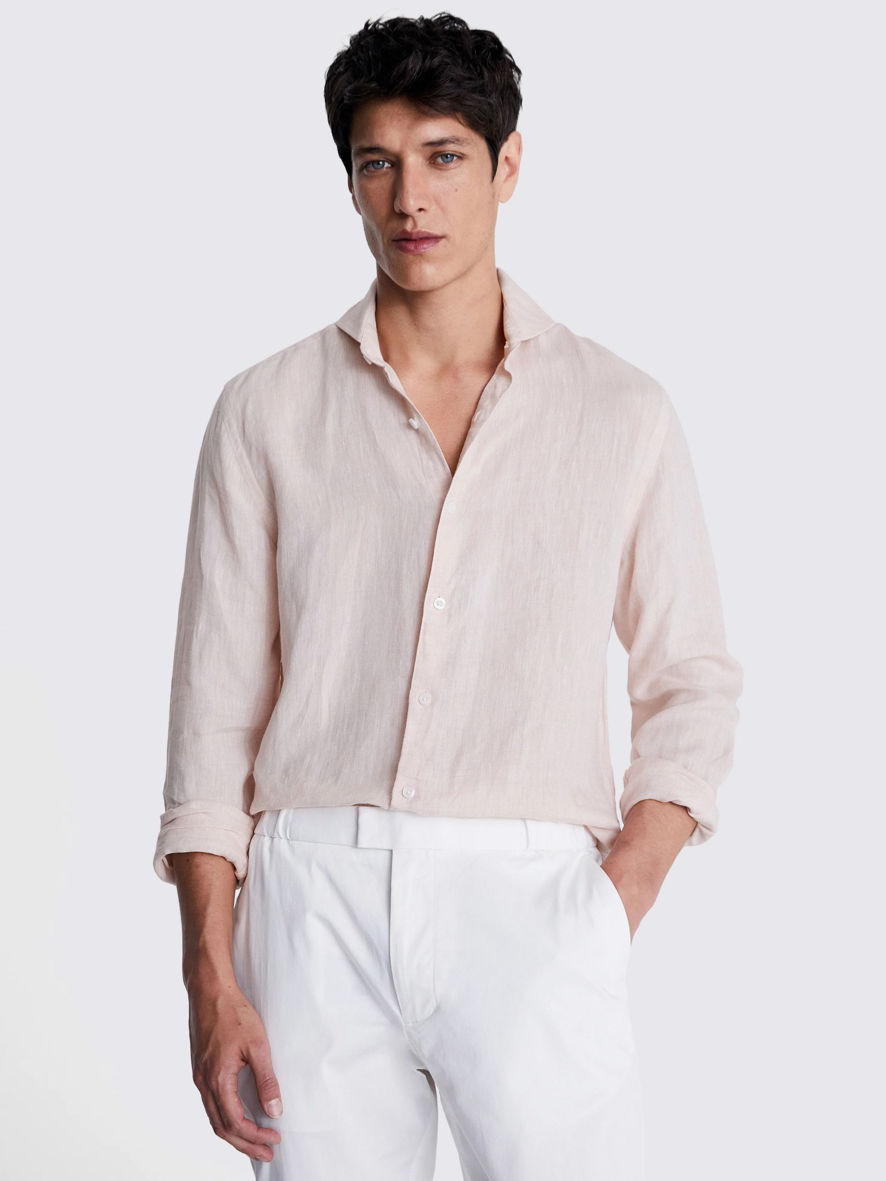 Moss Tailored Fit Linen Long Sleeve Shirt, Pink, S