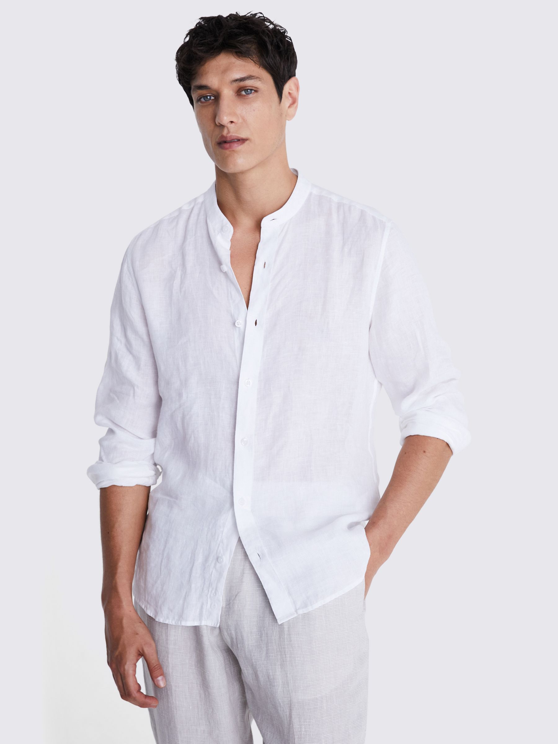 Moss Tailored Fit Linen Grandad Collar Shirt, White, S