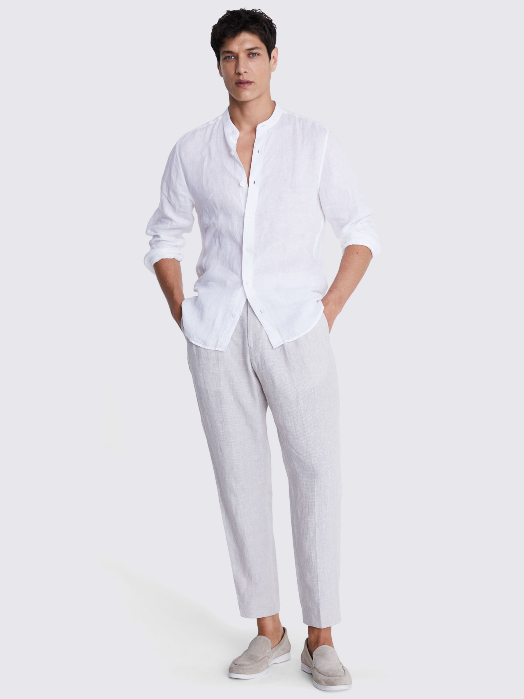 Moss Tailored Fit Linen Grandad Collar Shirt, White, S