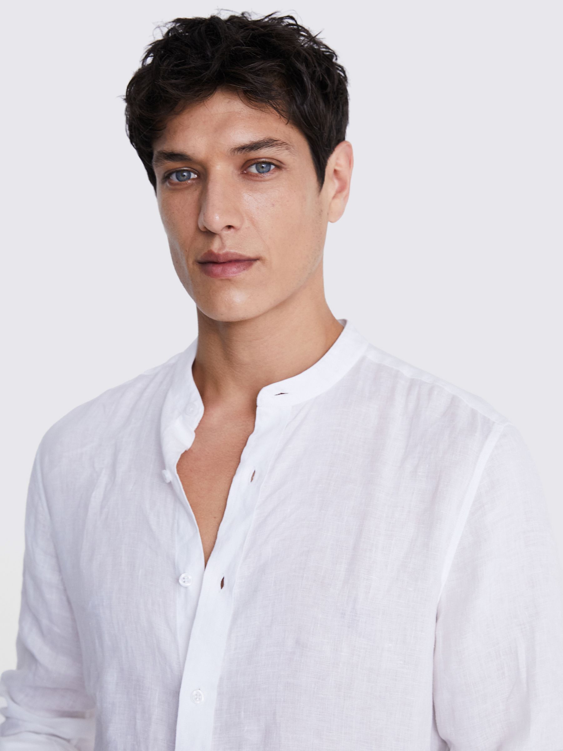 Buy Moss Tailored Fit Linen Grandad Collar Shirt, White Online at johnlewis.com