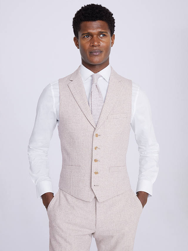 Moss Slim Fit Wool Blend Checked Waistcoat, Off White