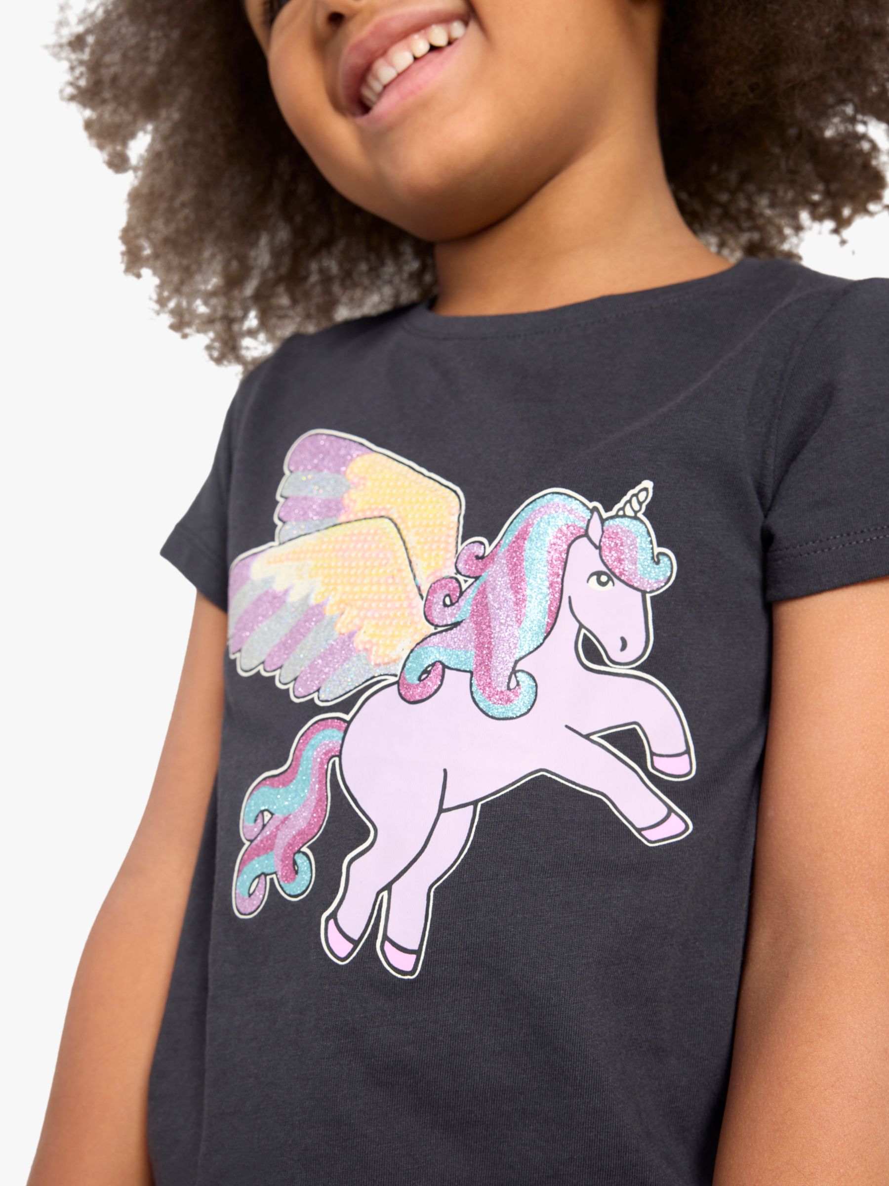 Lindex Kids' Unicorn Sequin Print Top, Off Black, 3-4 years