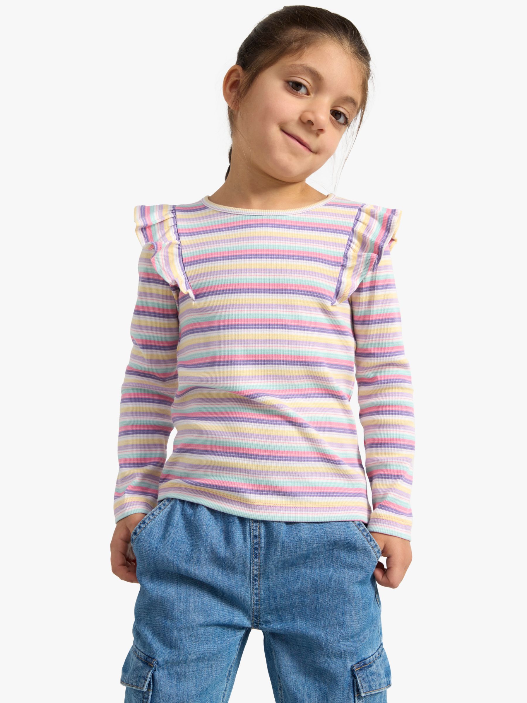 Lindex Kids' Organic Cotton Blend Stripe Frill Detail Top, Pink, 18-24 months