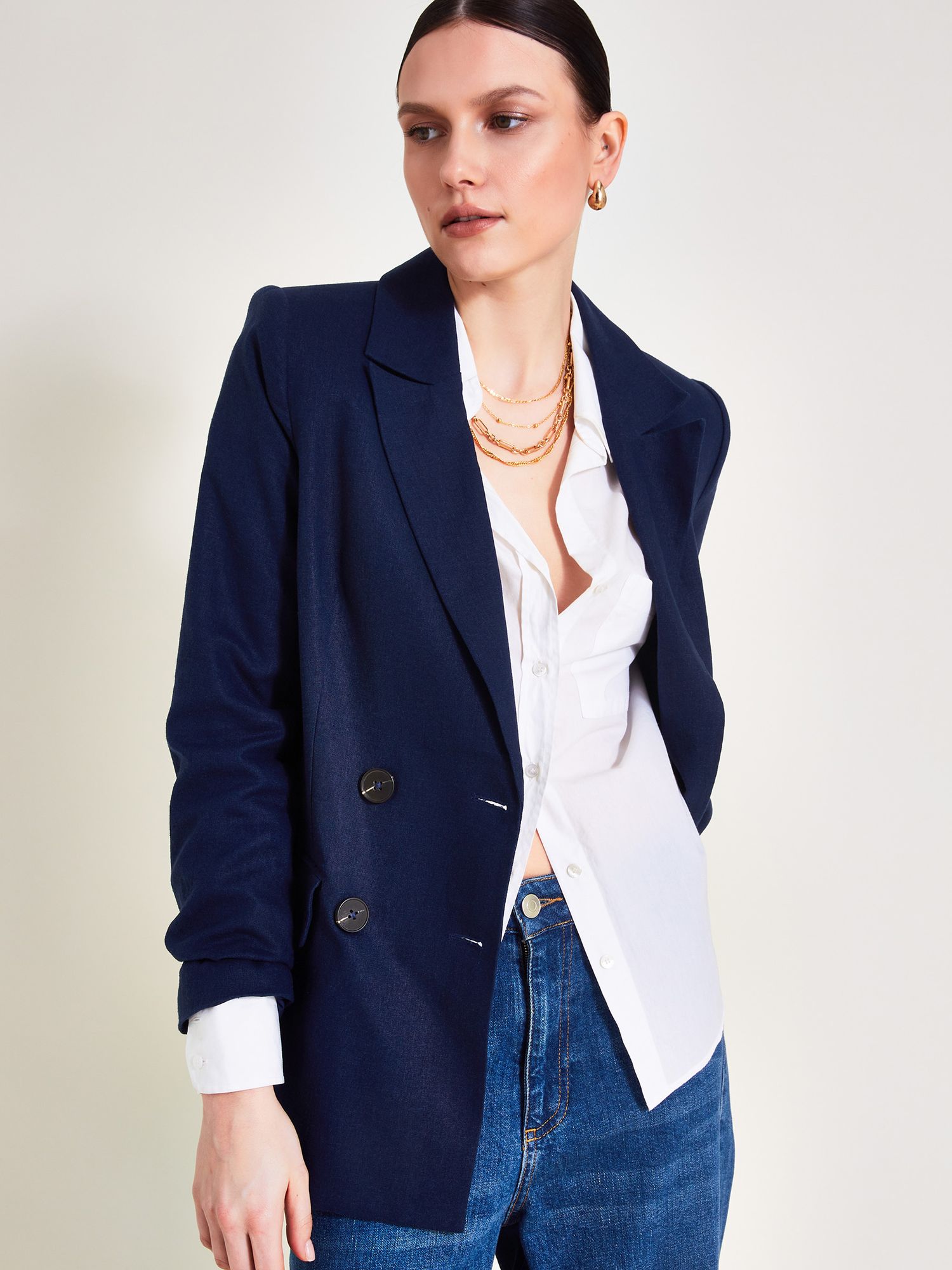 Monsoon Mabel Linen Blend Jacket, Navy