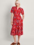 Monsoon Micola Floral Midi Tiered Dress, Red, Red