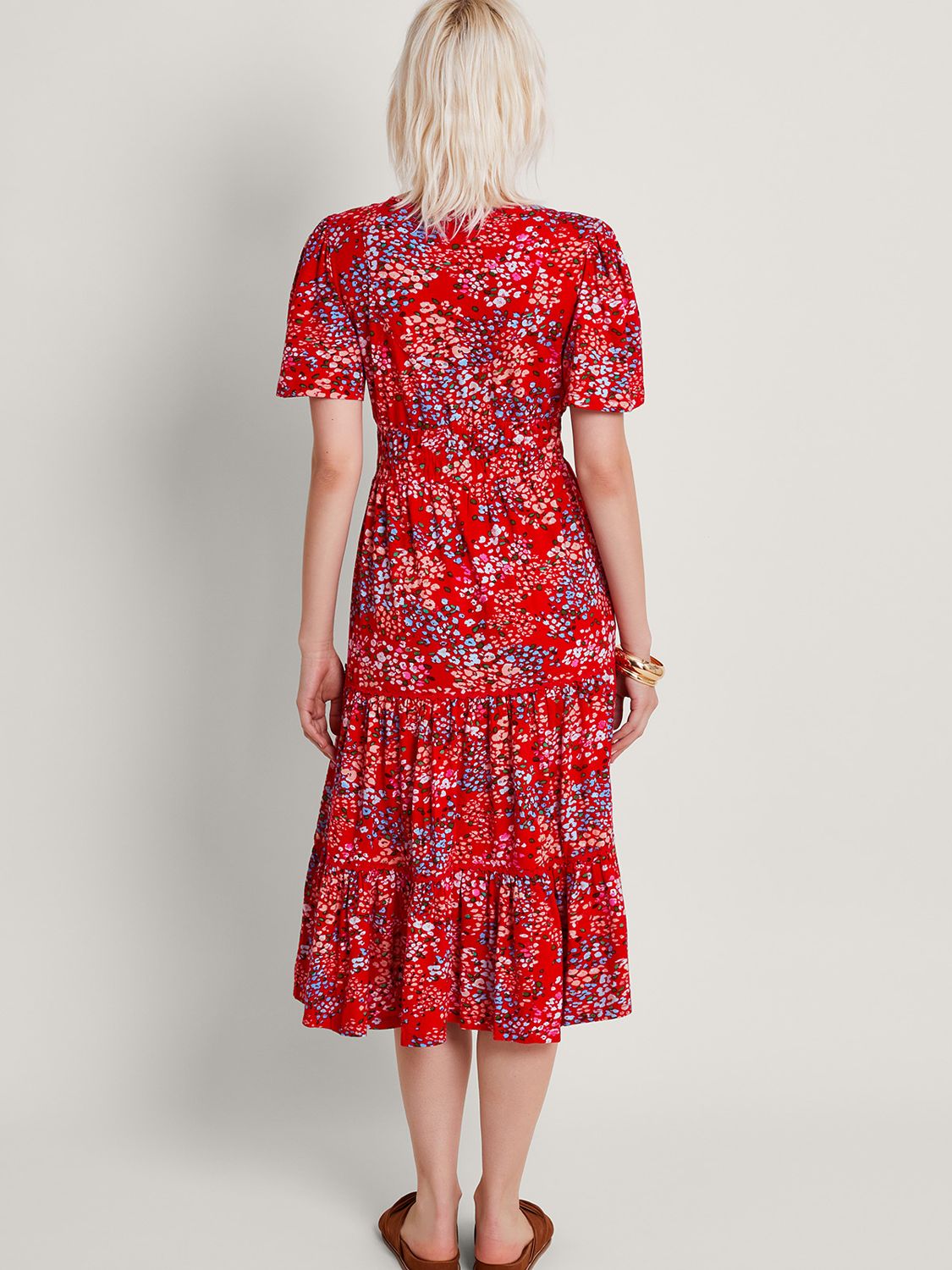 Monsoon Micola Floral Midi Tiered Dress, Red, S