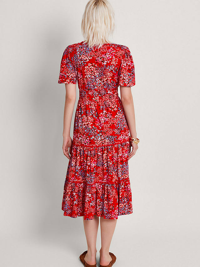 Monsoon Micola Floral Midi Tiered Dress, Red