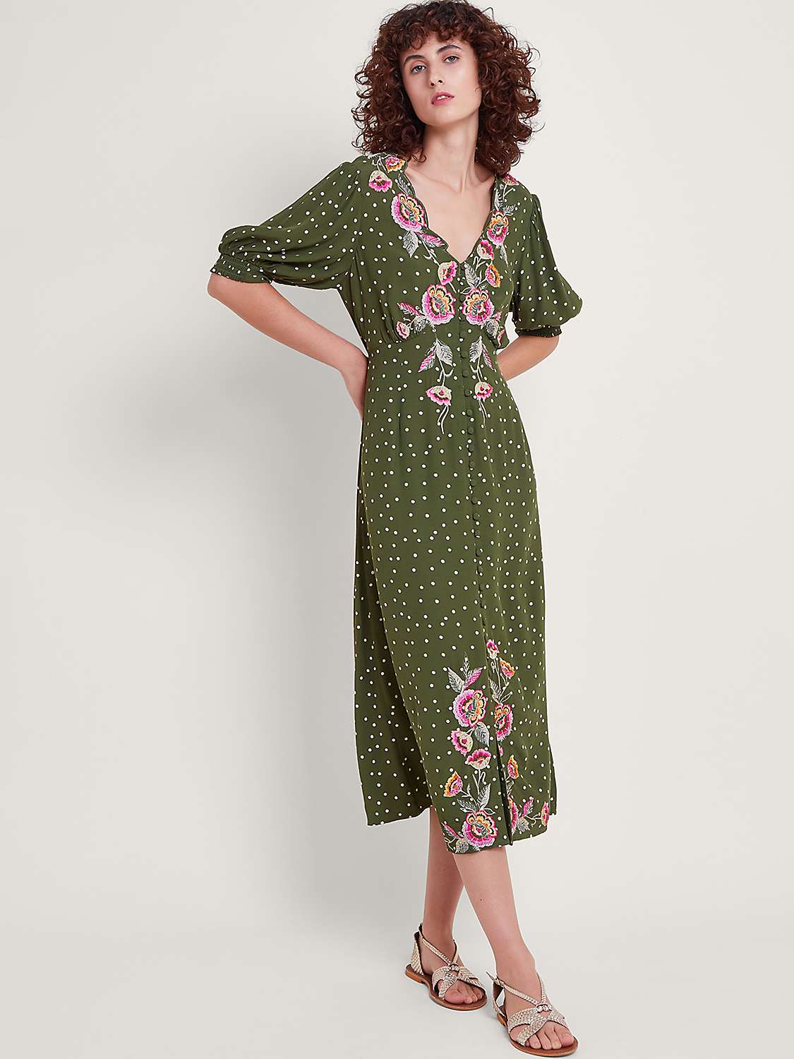 Buy Monsoon Myla Embroidered Polka Dot Midi Dress, Olive/Multi Online at johnlewis.com