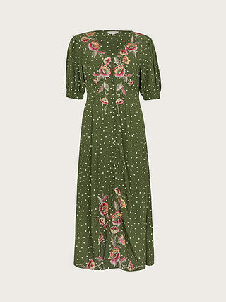 Monsoon Myla Embroidered Polka Dot Midi Dress, Olive/Multi