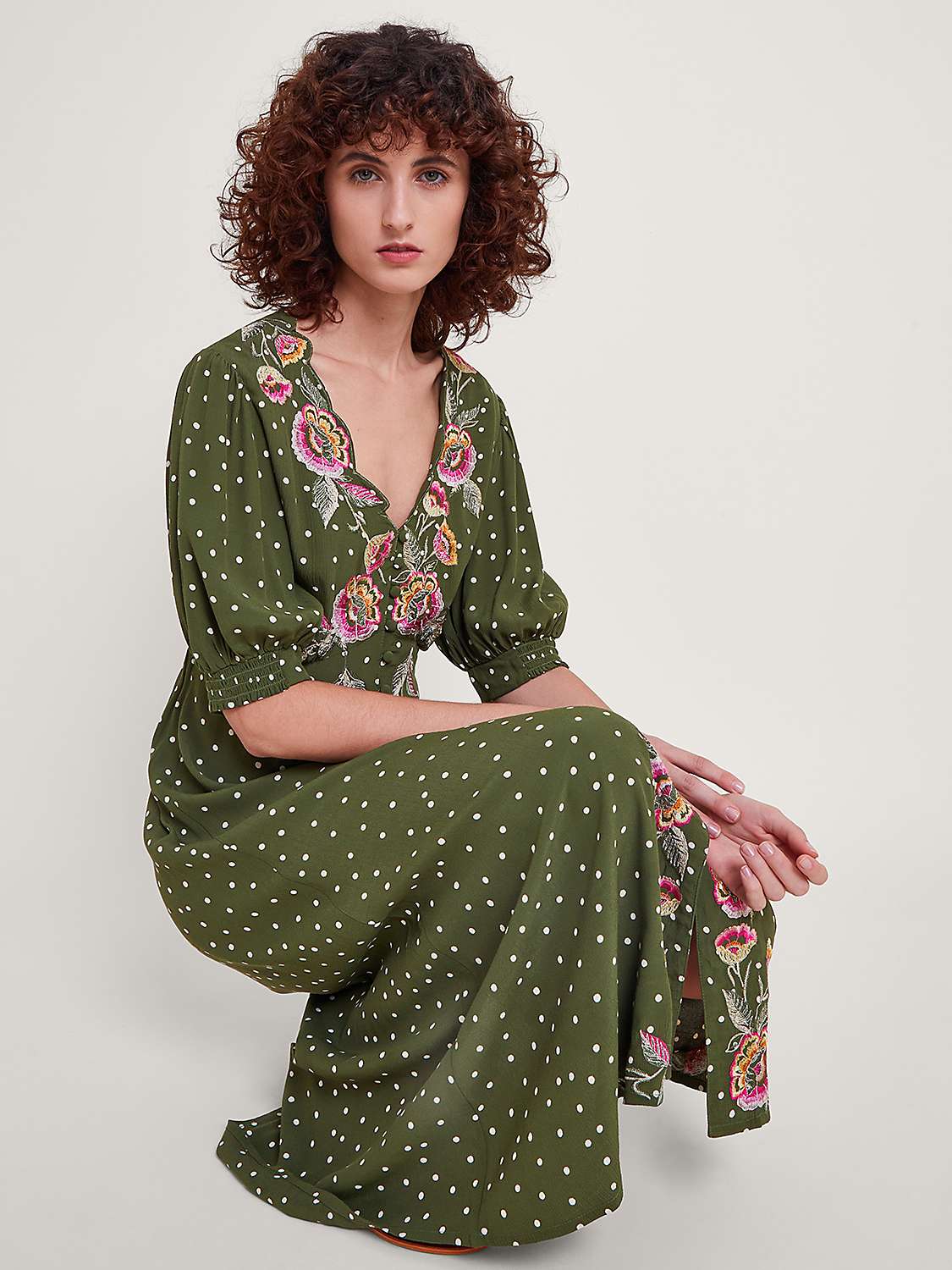 Buy Monsoon Myla Embroidered Polka Dot Midi Dress, Olive/Multi Online at johnlewis.com