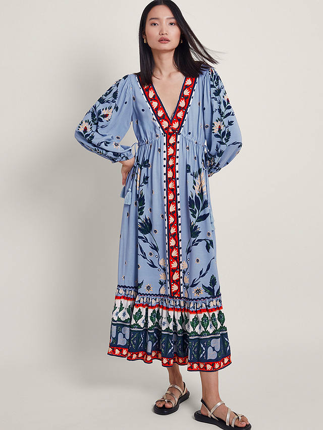 Monsoon Aldina Floral Print Maxi Dress, Blue/Multi