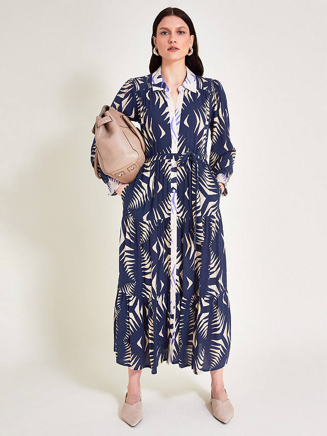 Monsoon Mimi Abstract Print Midi Shirt Dress, Navy/Multi