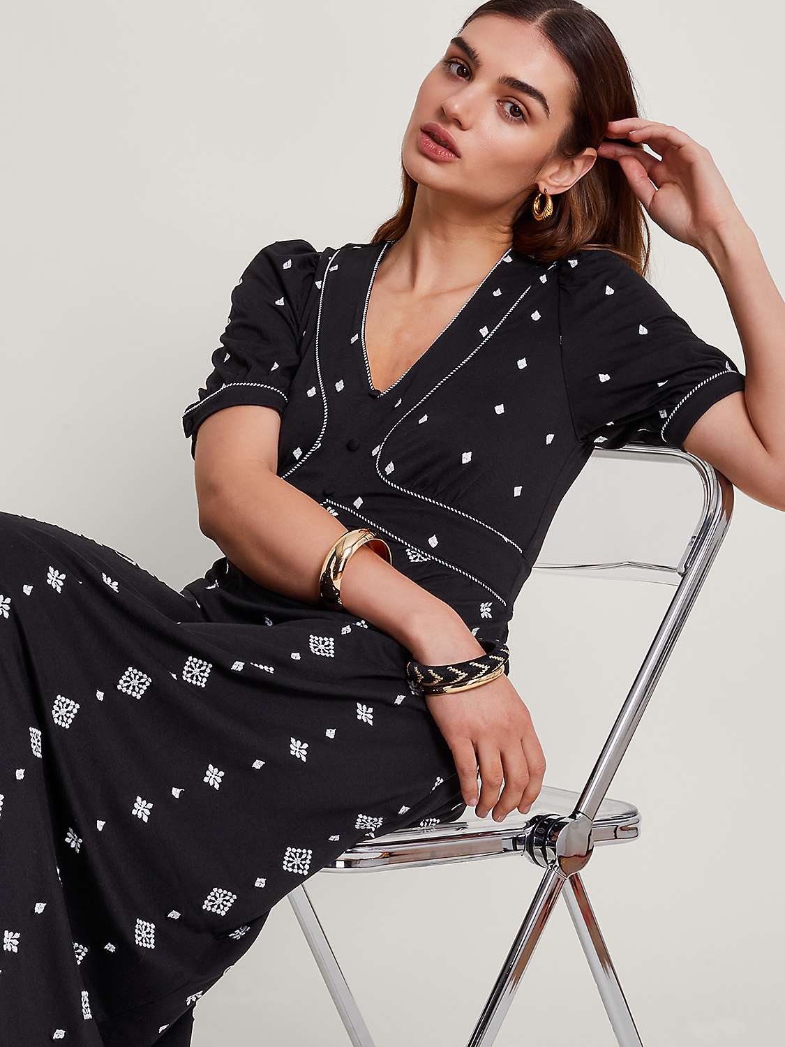 Buy Monsoon Ethel Embroidered Midi Jersey Dress, Black Online at johnlewis.com